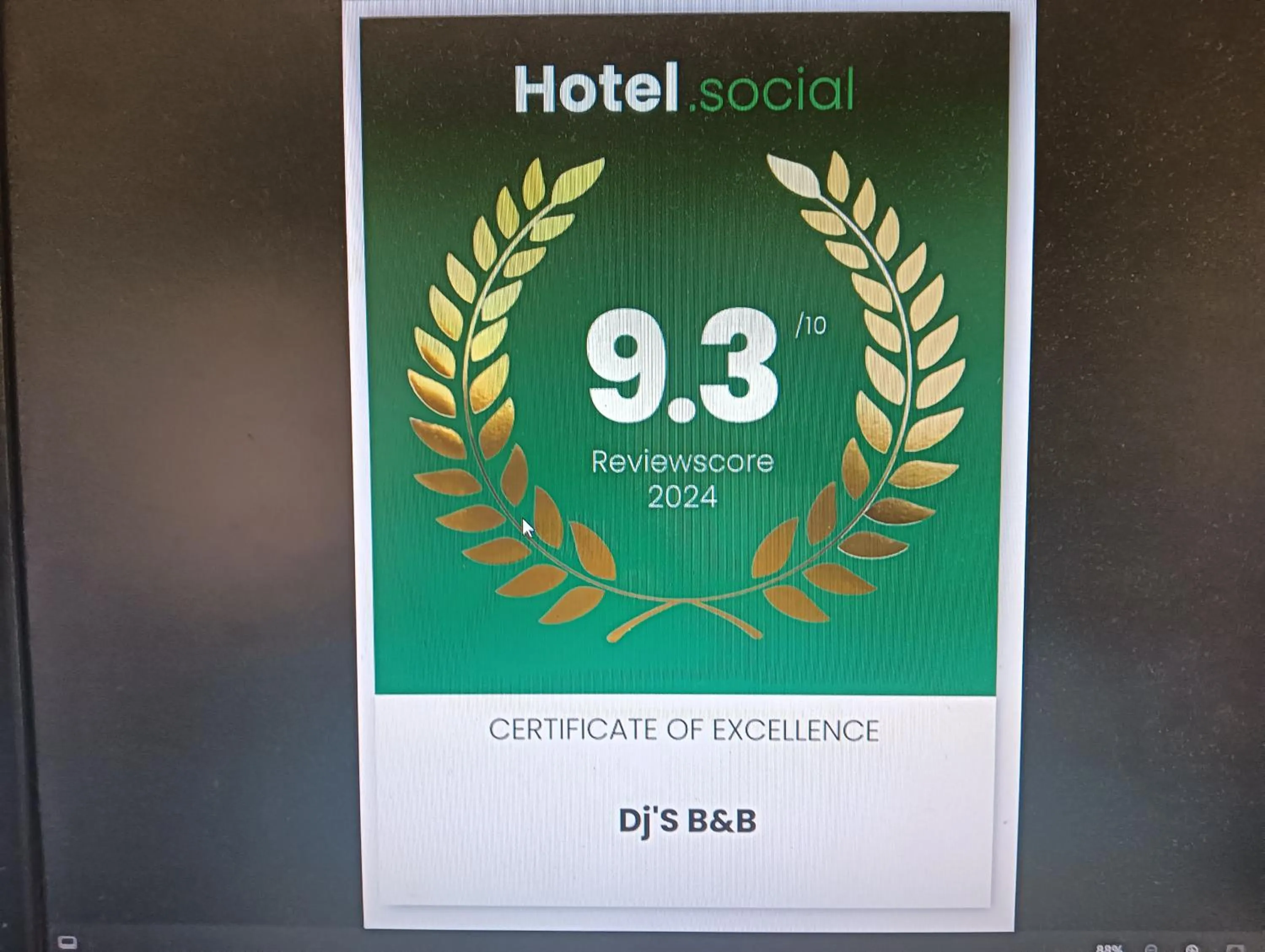 Certificate/Award in DJ'S B&B in Table View Cape Town