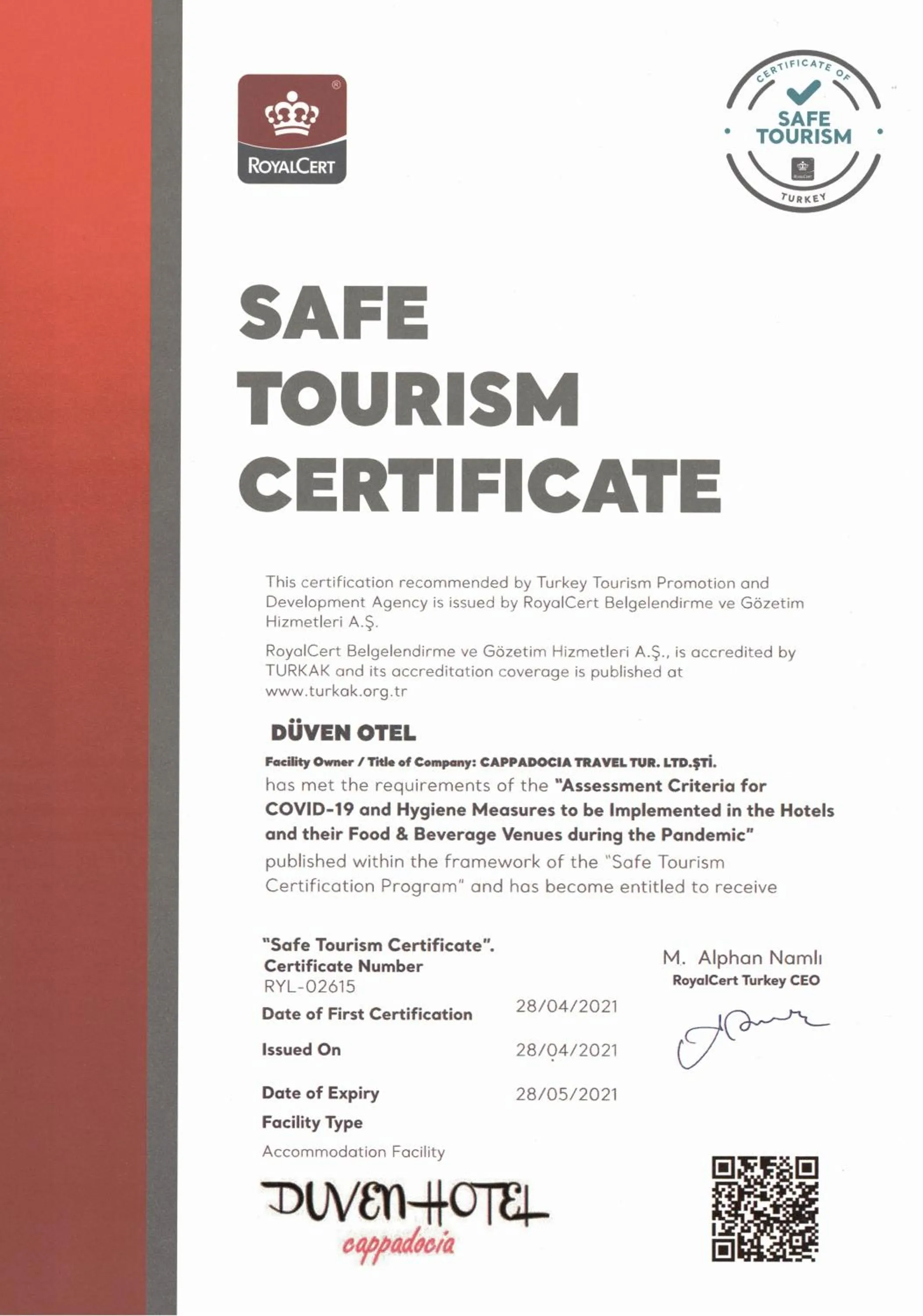 Logo/Certificate/Sign in Duven Hotel Cappadocia