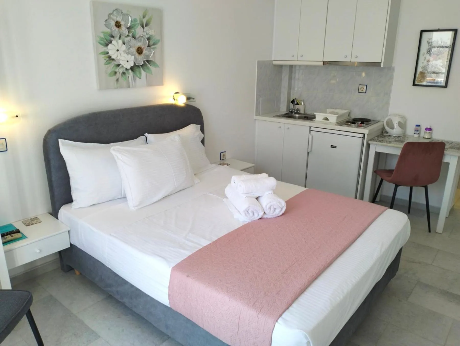 Bedroom, Bed in Nostos Studios at Saint George beach Agios Georgios Chora Naxos town