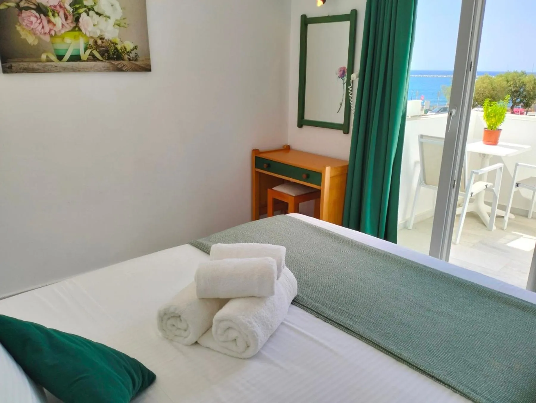 Balcony/Terrace, Bed in Nostos Studios at Saint George beach Agios Georgios Chora Naxos town