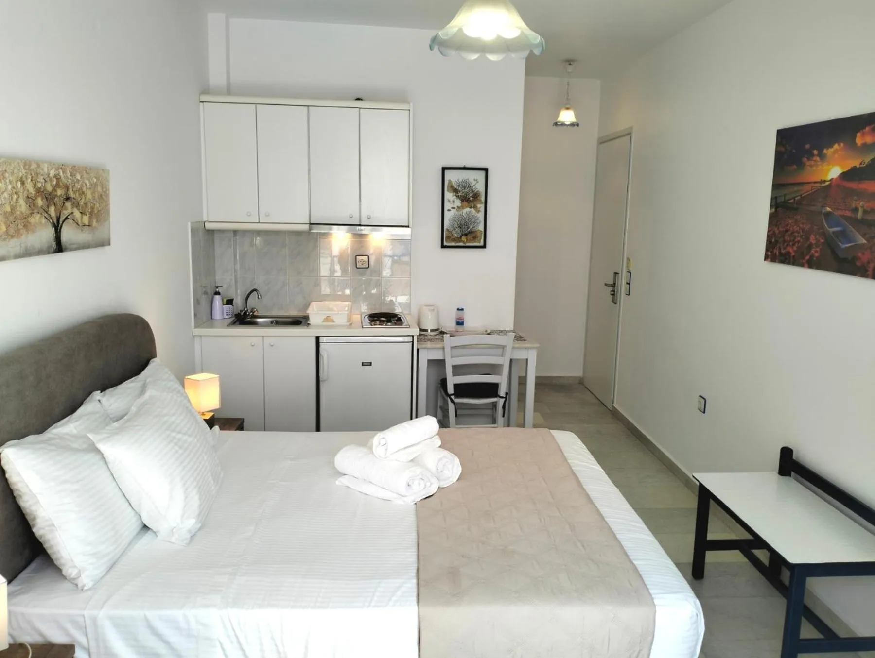 Bedroom, Bed in Nostos Studios at Saint George beach Agios Georgios Chora Naxos town