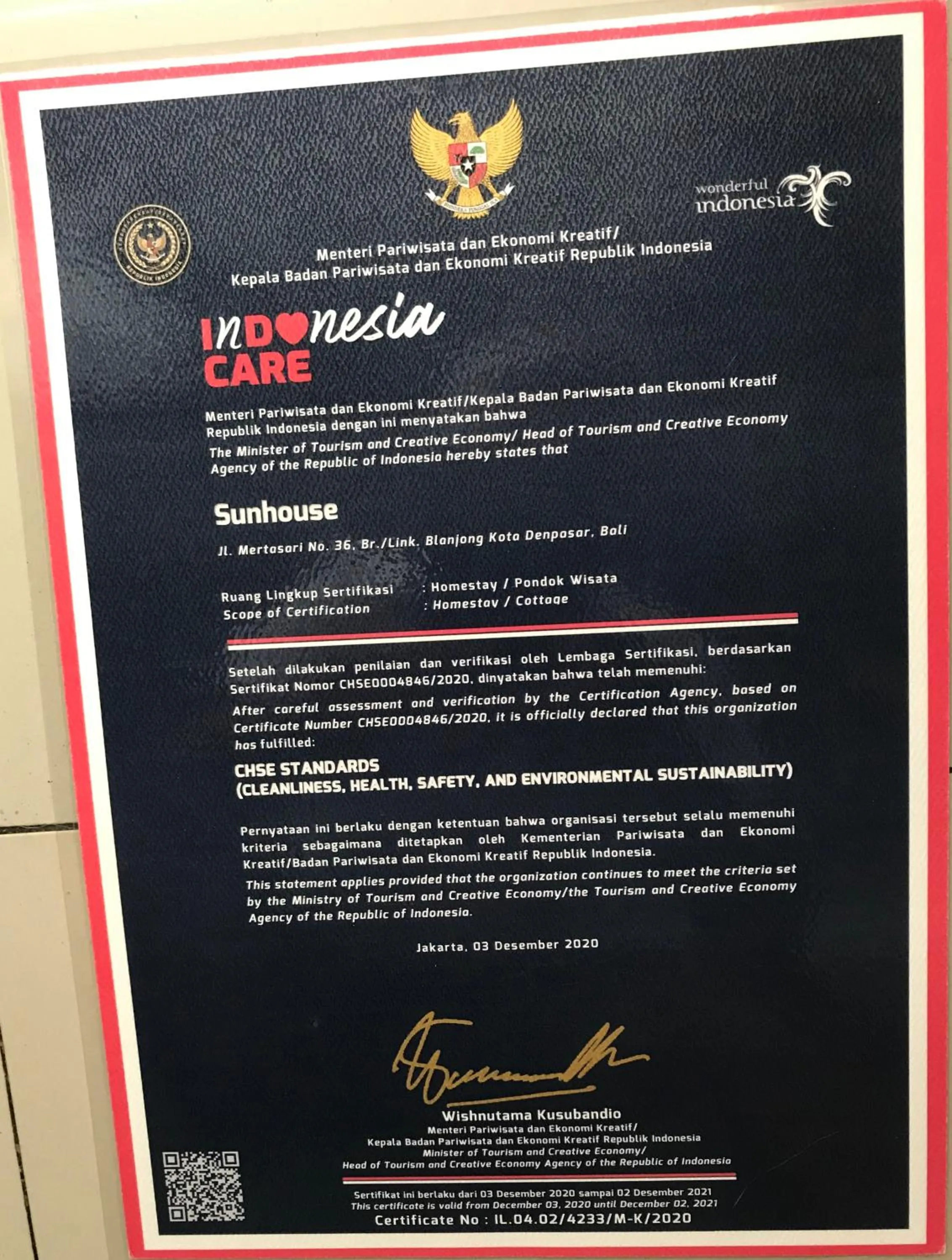 Certificate/Award in Sunhouse Guesthouse