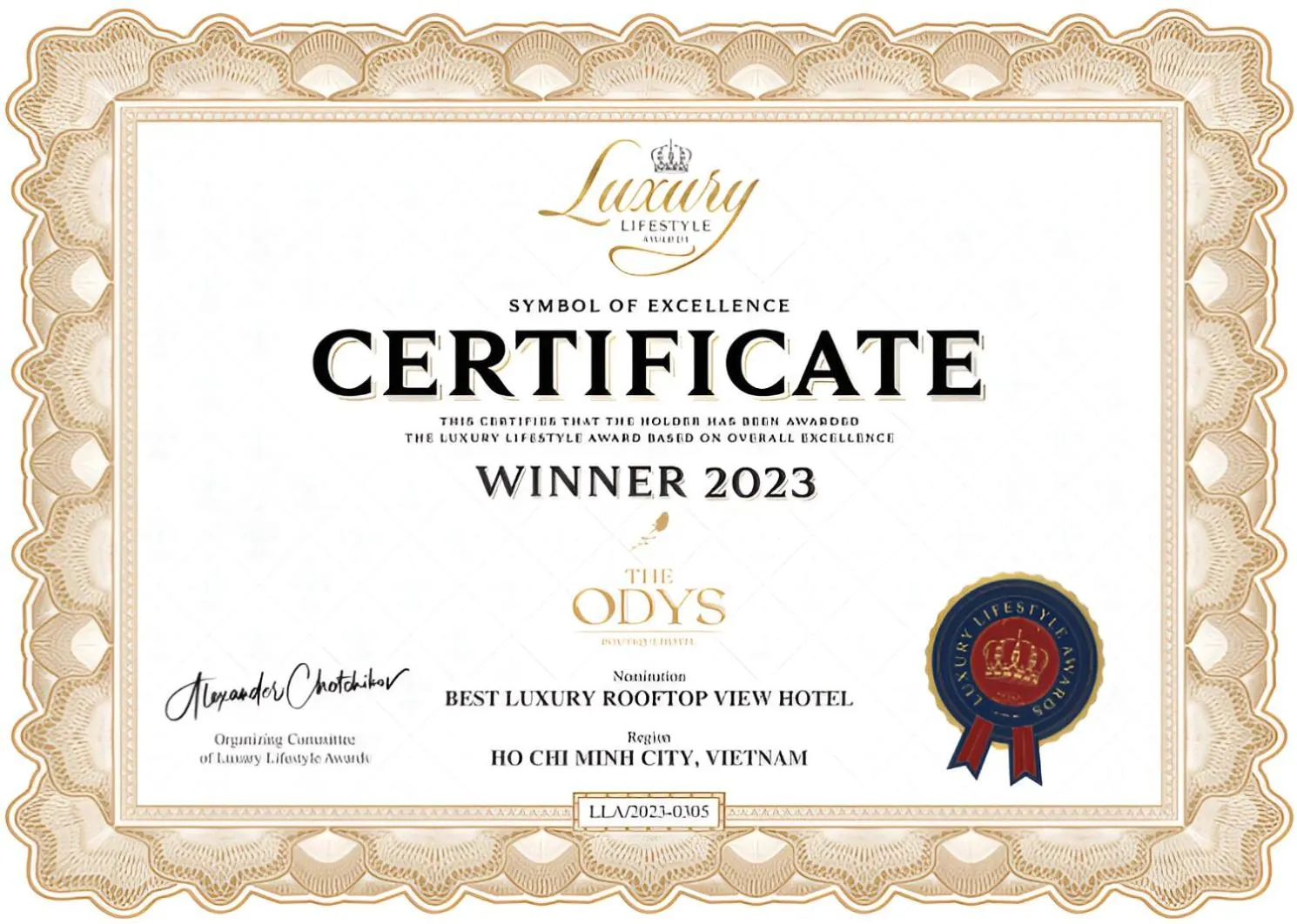 Certificate/Award in The Odys Boutique Hotel