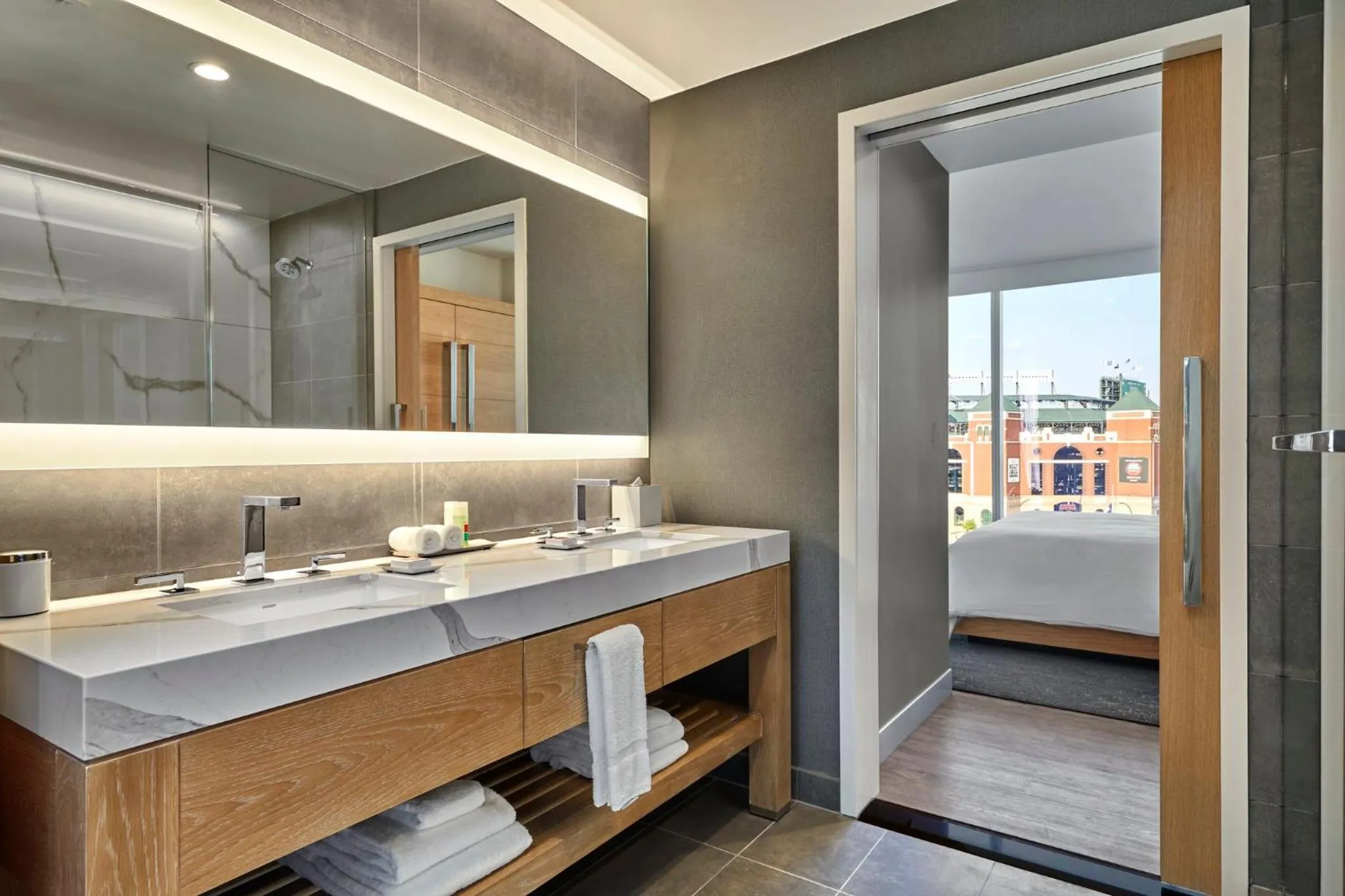 Bathroom, Bed in Live! by Loews - Arlington, TX