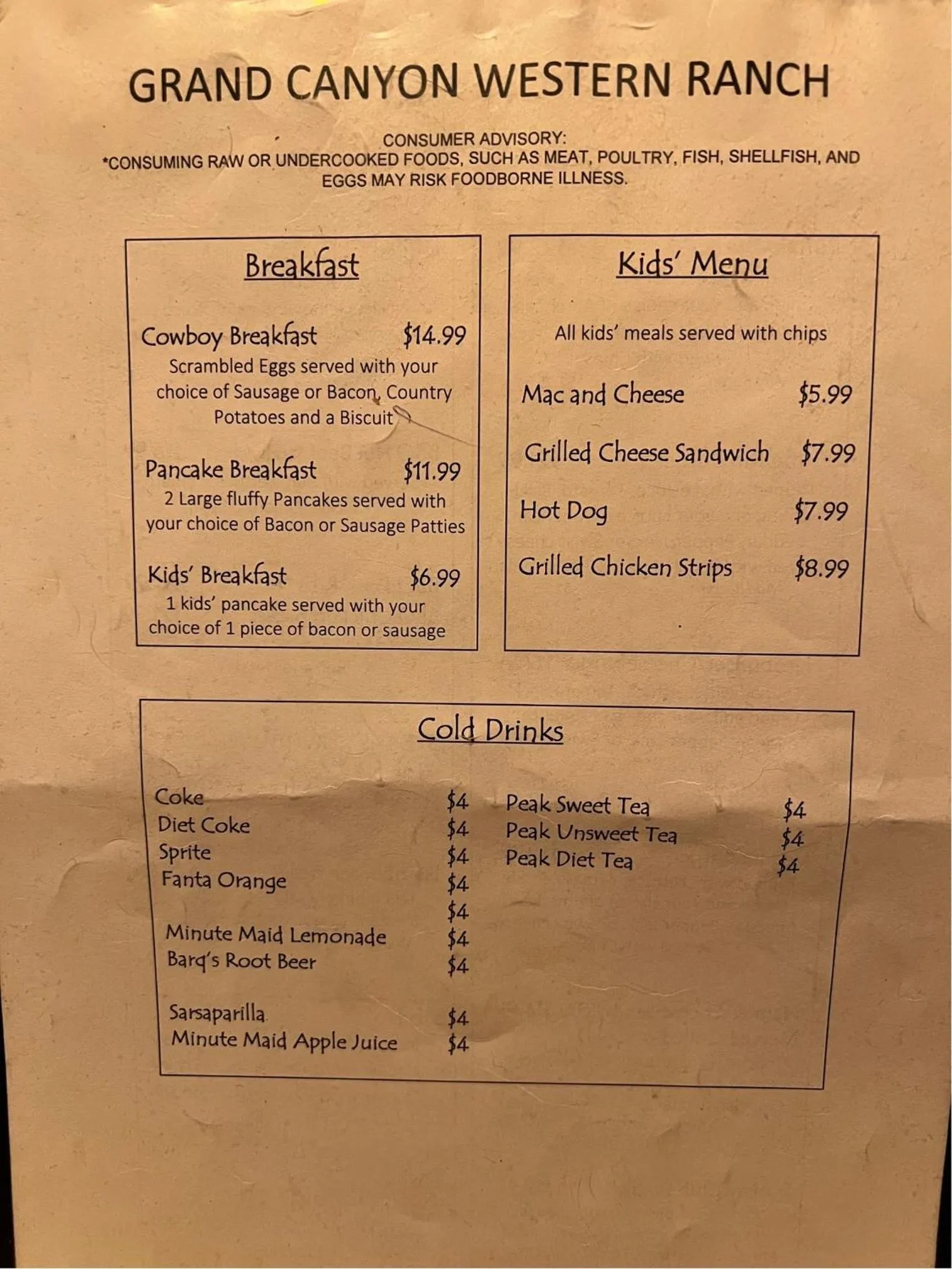 Restaurant/places to eat in Grand Canyon Western Ranch