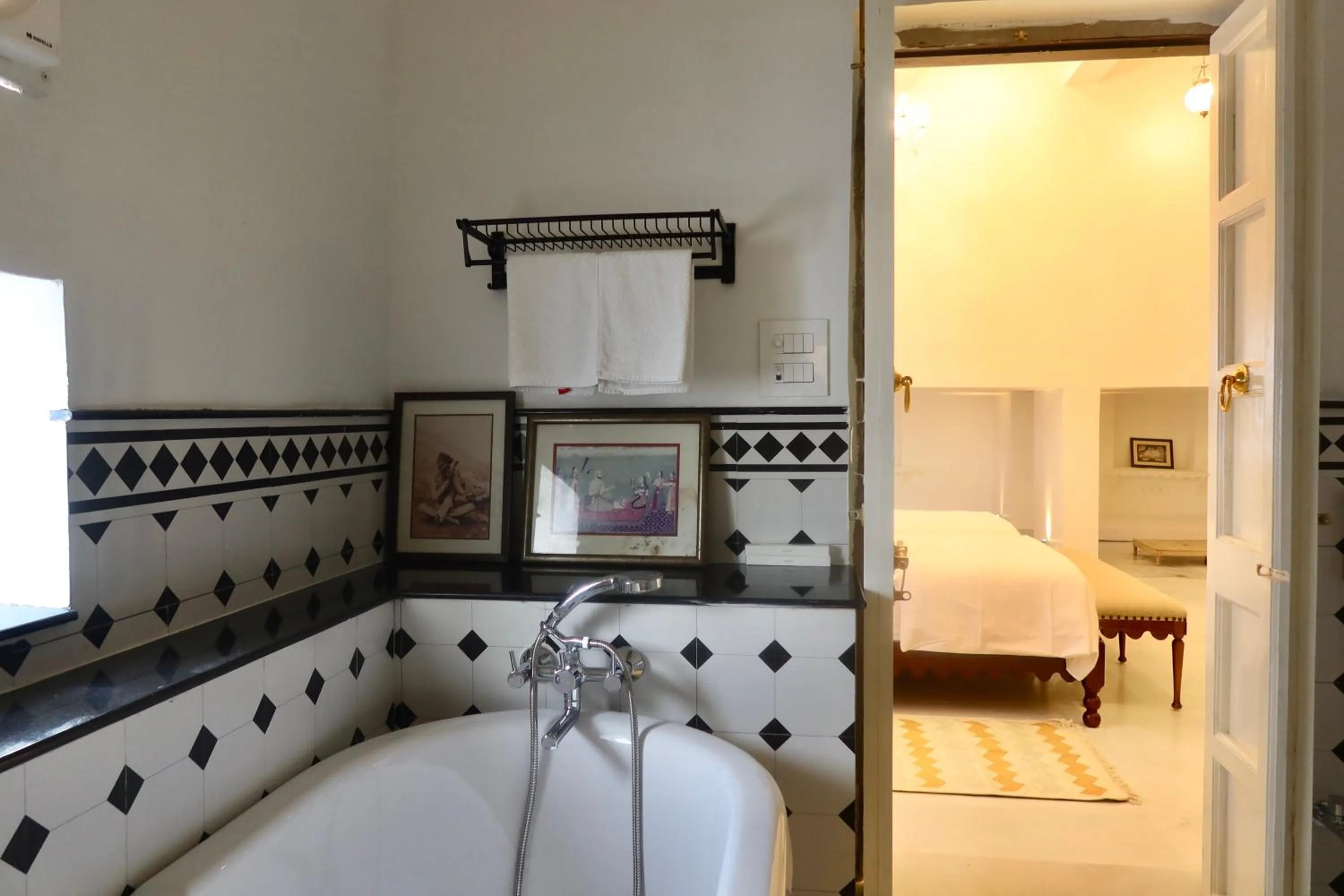 Bathroom, Bed in Dev Niwas - Heritage Hotel