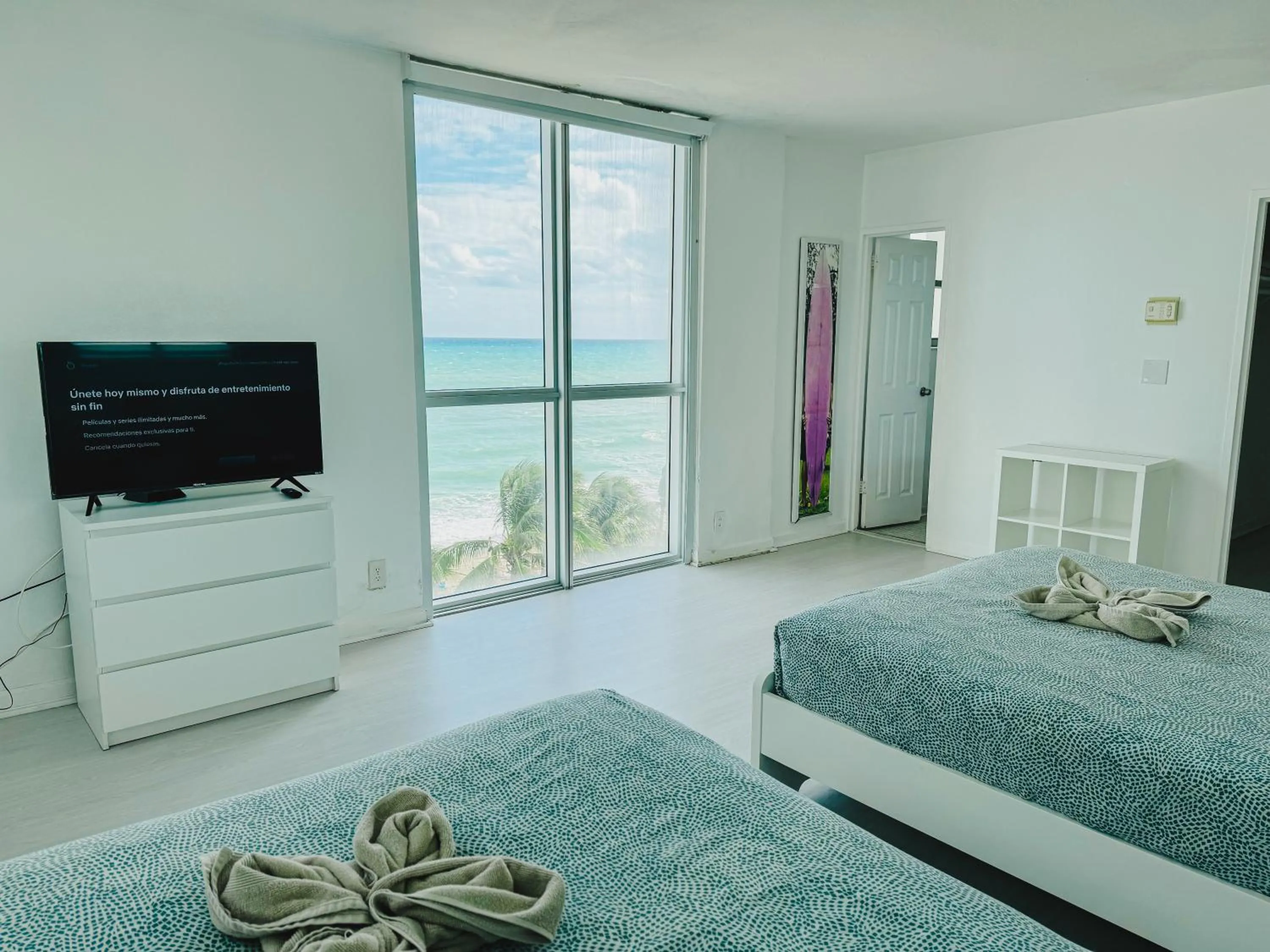 Bed in Miami Hallandale Condo, Partial Ocean View Direct Beach and Pool Access Miami Hollywood Beach