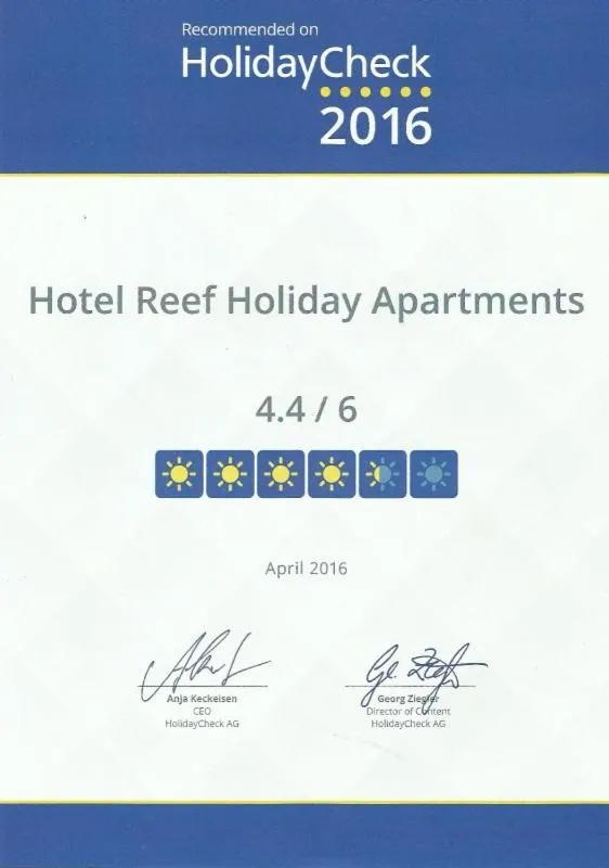 Certificate/Award in Reef Holiday Apartments