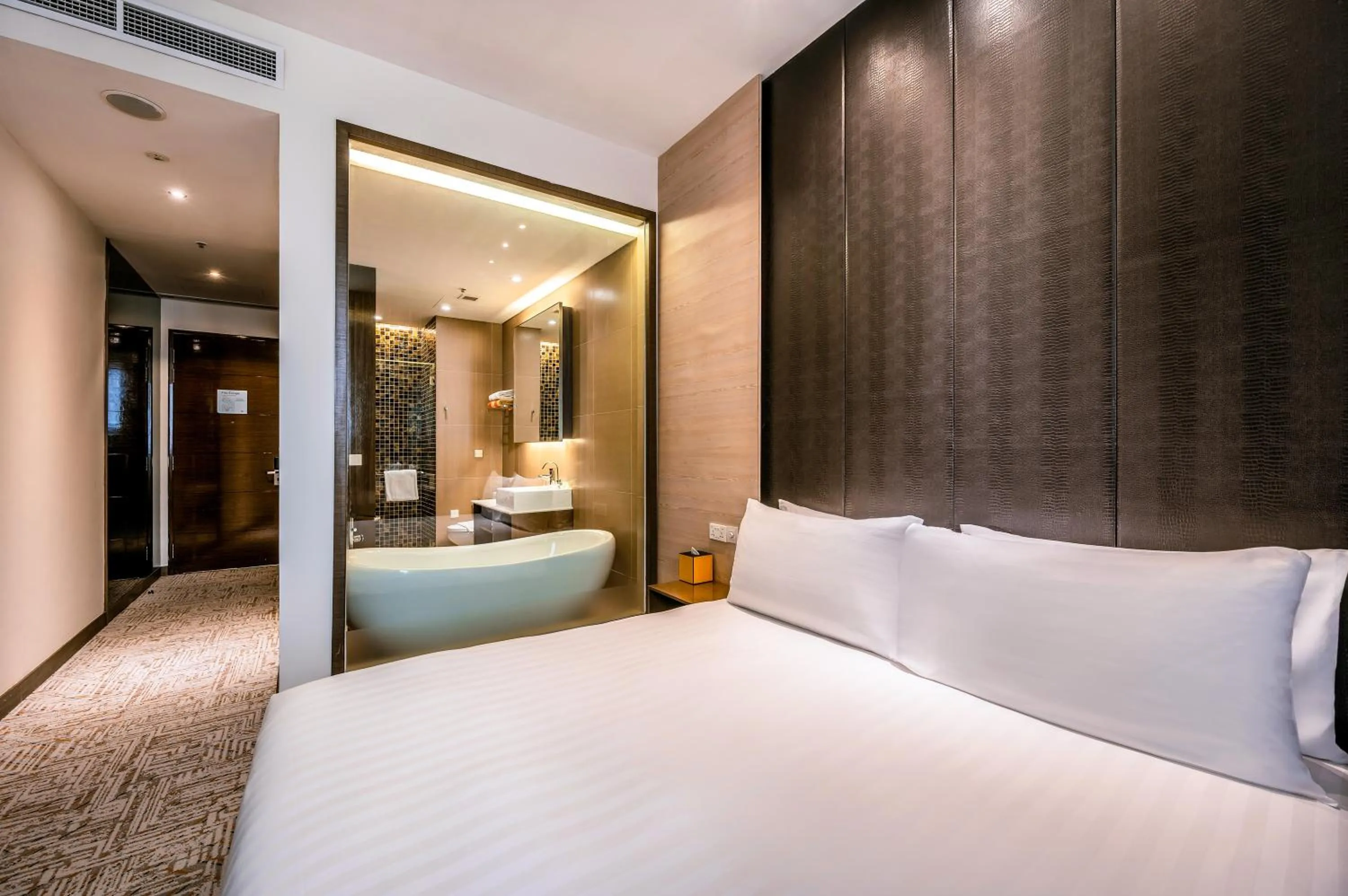 Bathroom, Bed in Dorsett Singapore - Newly Refurbished