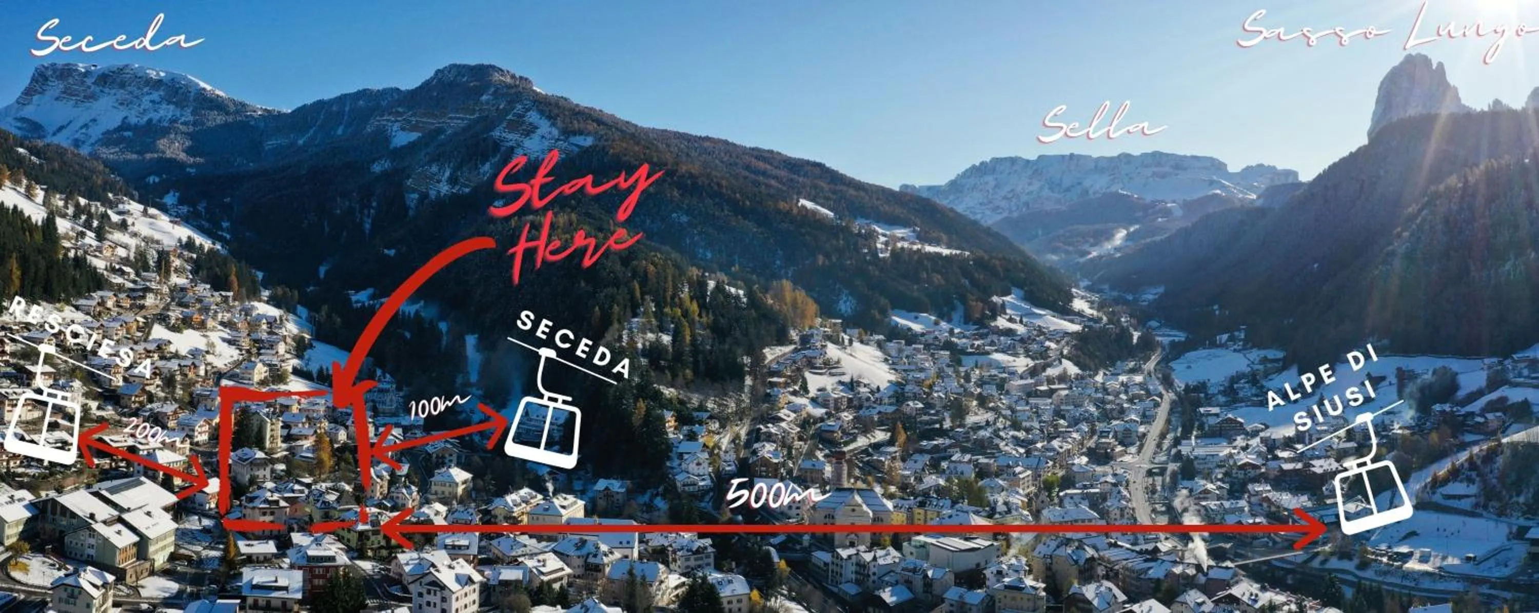 Bird's eye view in AppartChalet LA RONDULA - 100m from Seceda