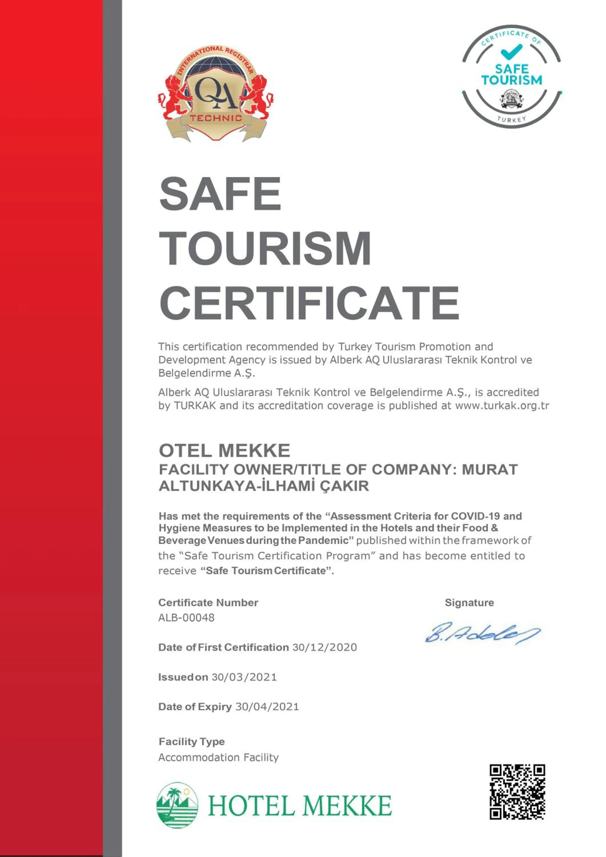 Certificate/Award in Mekke Hotel Istanbul