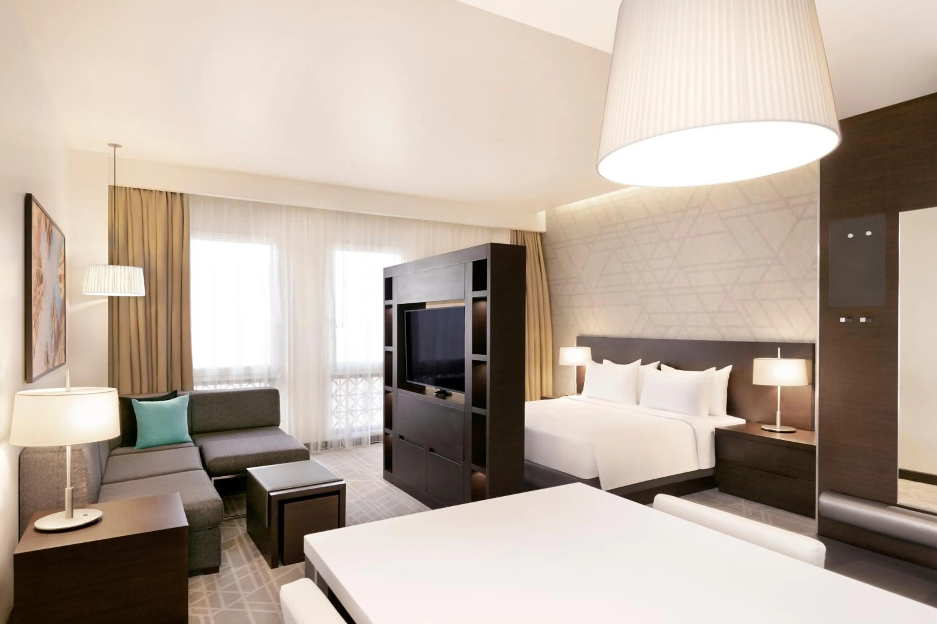 Communal lounge/ TV room, Bed in Hyatt Place Dubai Wasl District Residences
