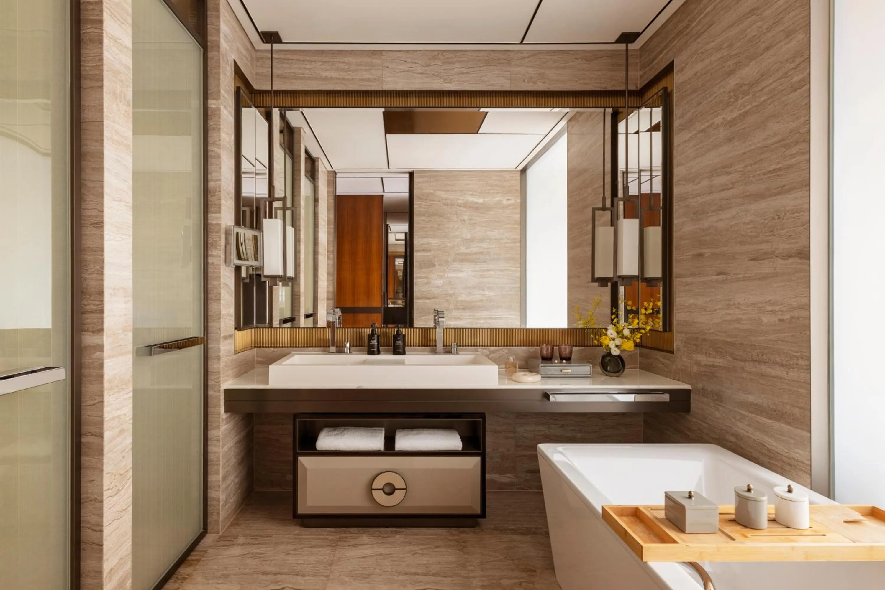 Bathroom in Raffles Shenzhen, Situated in the heart of One Shenzhen Bay, Book Now to Enjoy Free Minibar and Happy Hour Privileges at Long Bar on 71F