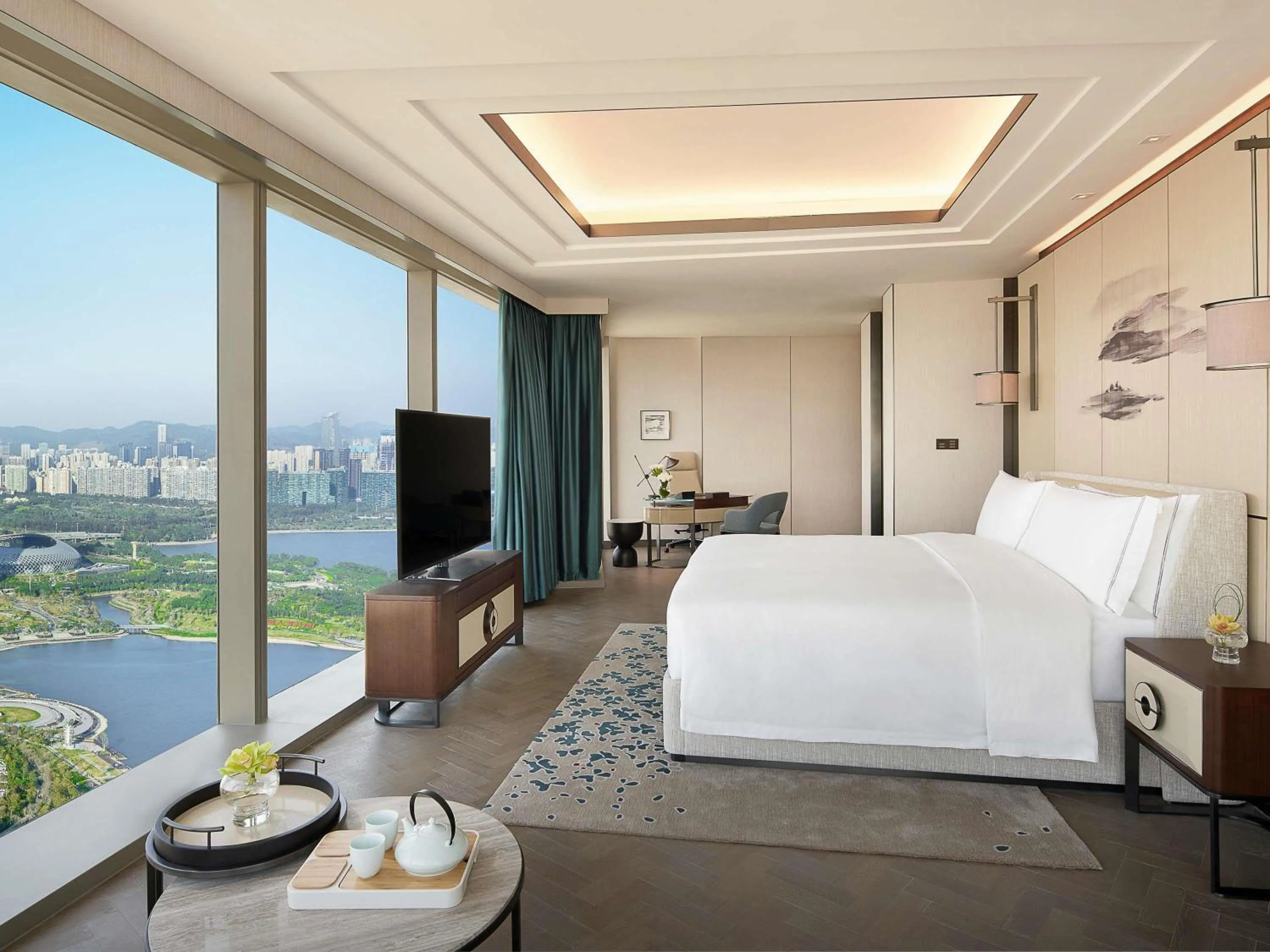 Bedroom, Bed in Raffles Shenzhen, Situated in the heart of One Shenzhen Bay, Book Now to Enjoy Free Minibar and Happy Hour Privileges at Long Bar on 71F