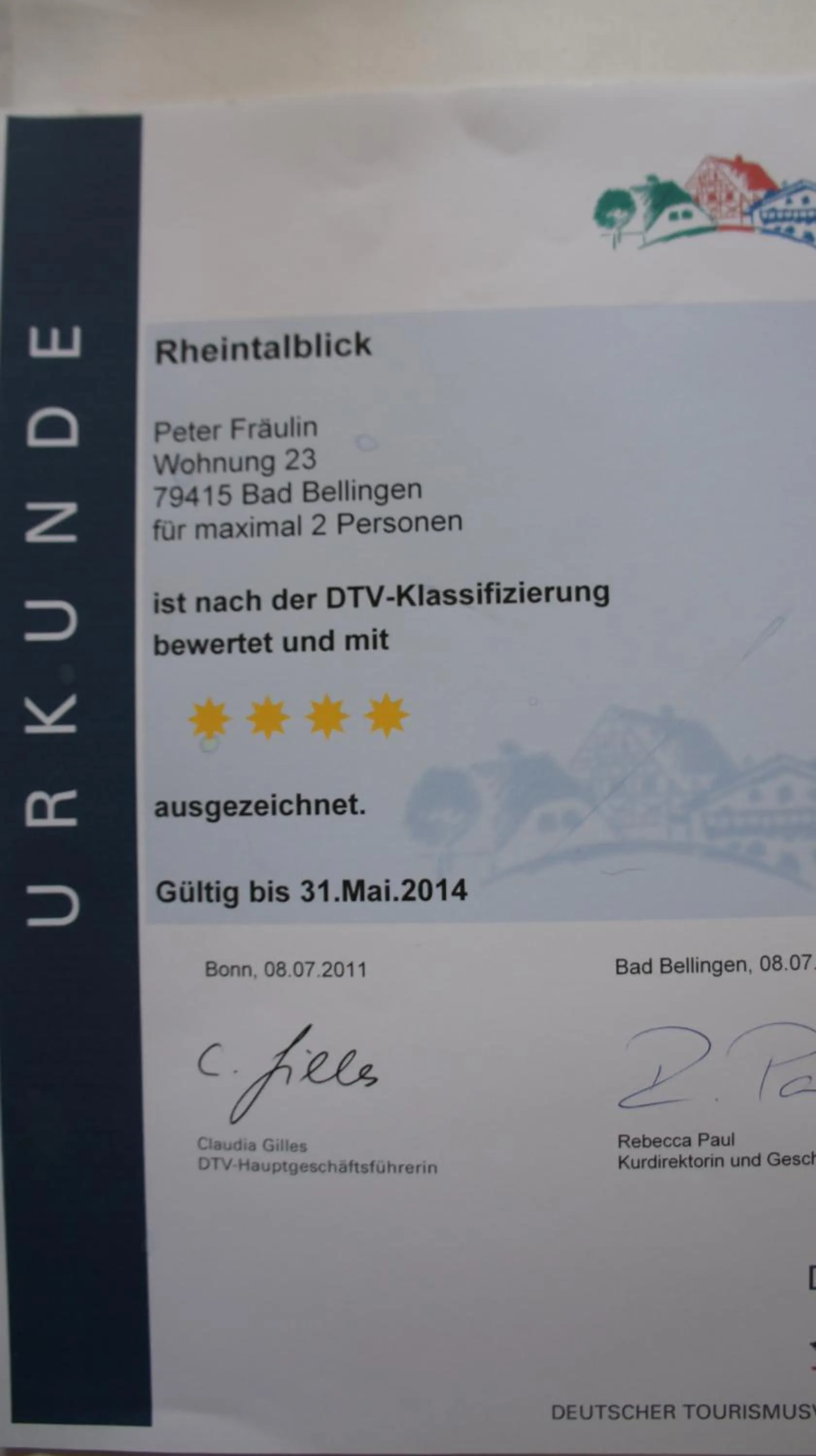 Certificate/Award in Ferienhaus Rheintalblick