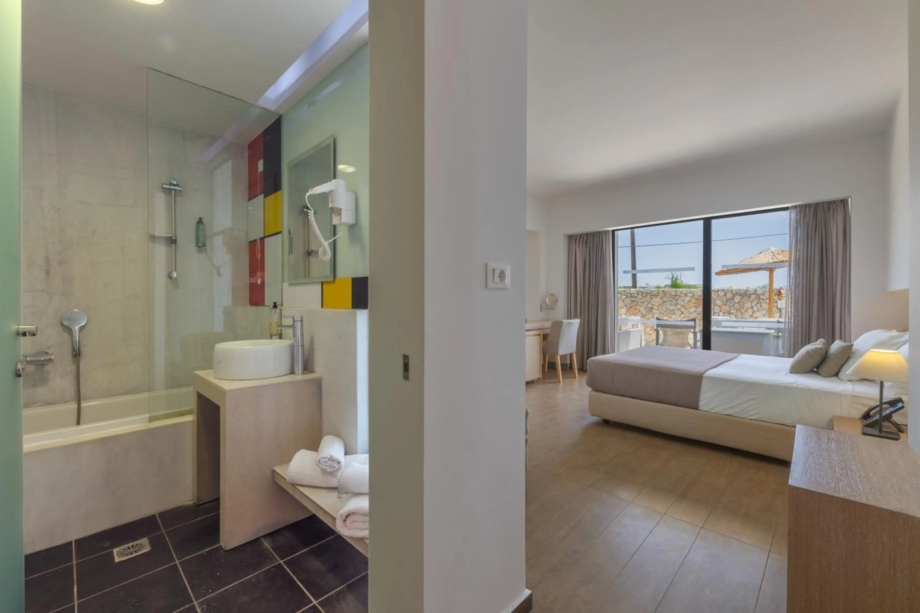 Bathroom, Bed in Akti Palace Hotel