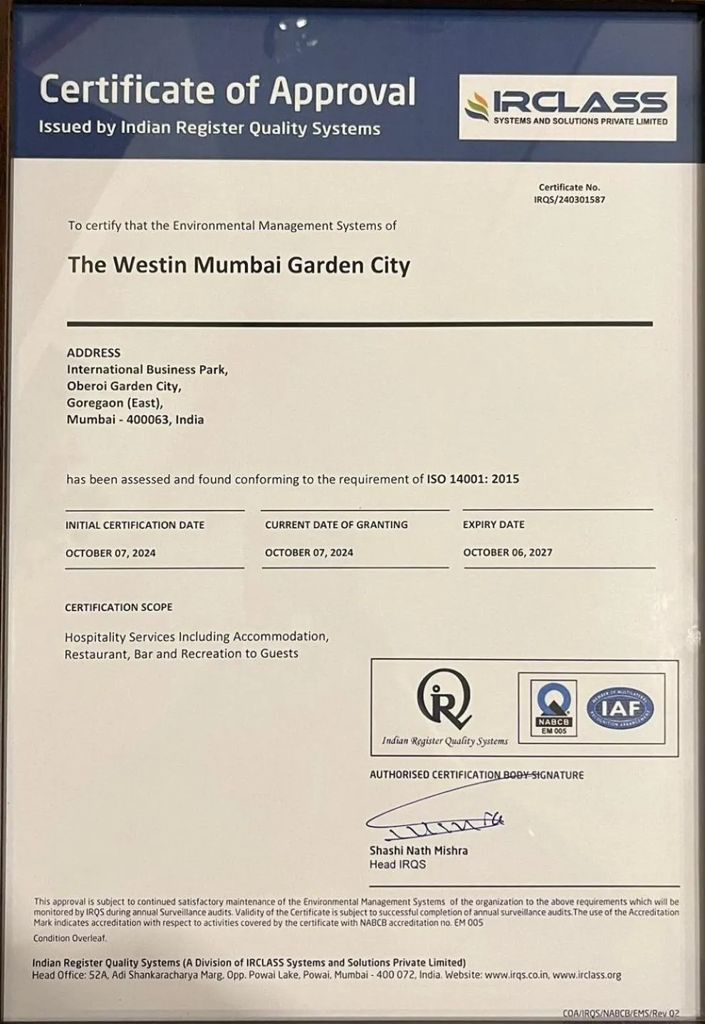 Certificate/Award in The Westin Mumbai Garden City