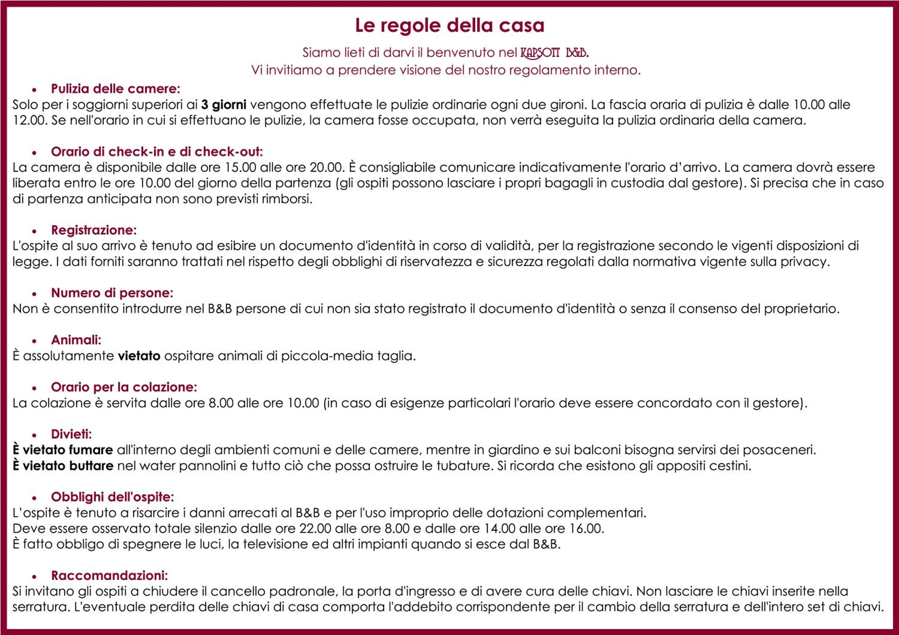 room service in KAPSOTT B&B