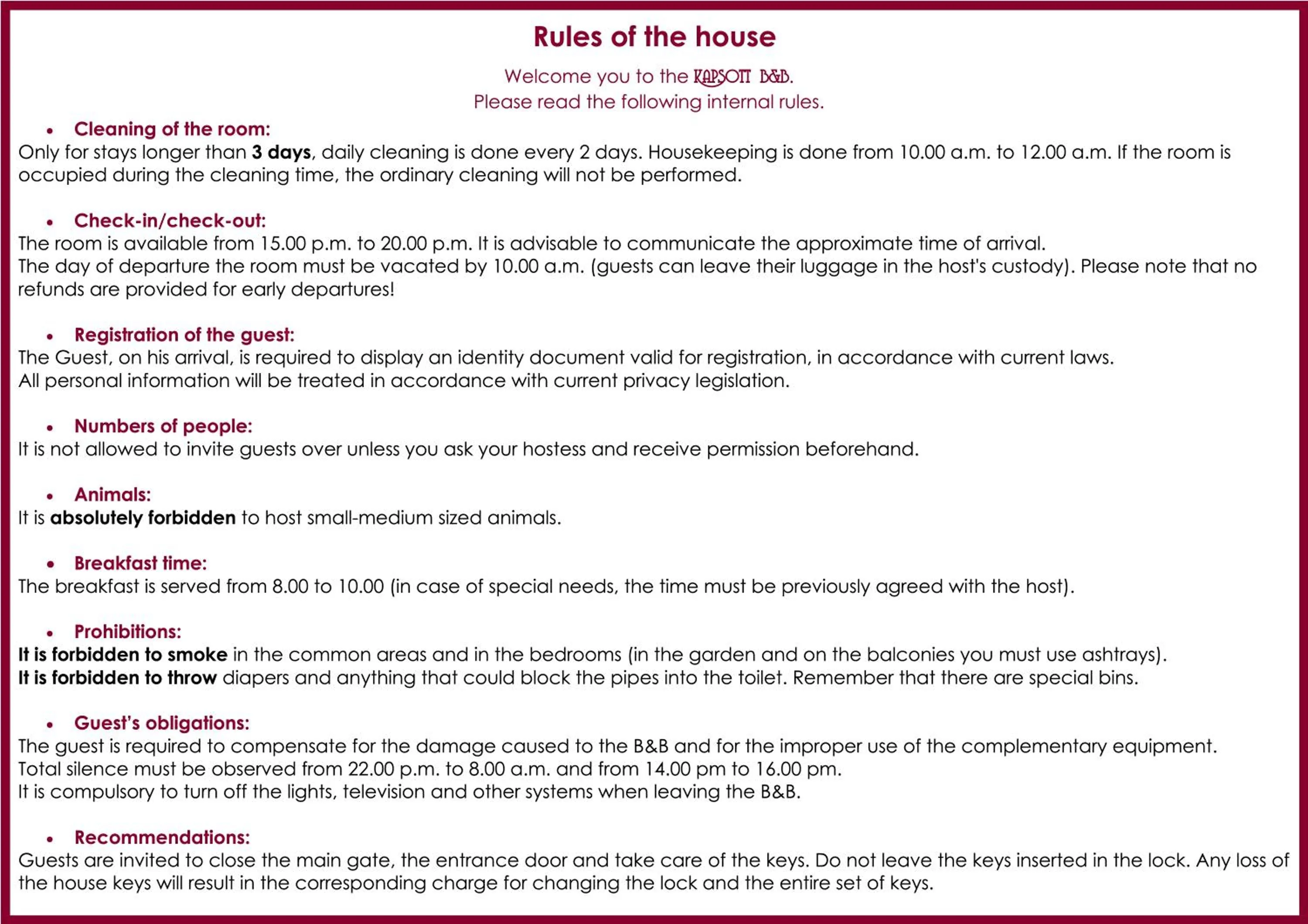 room service in KAPSOTT B&B