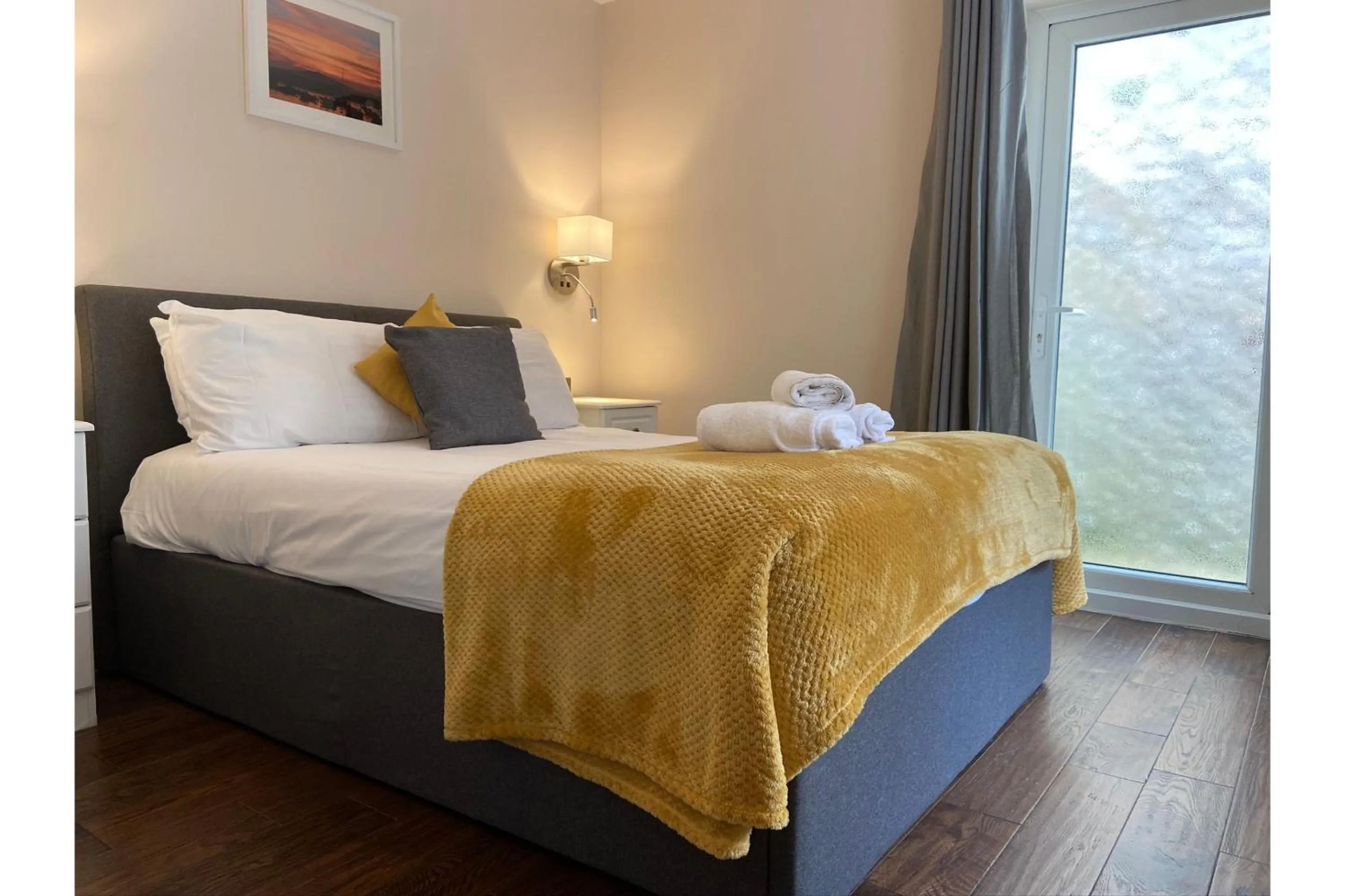 Bedroom, Bed in Harmony Apartments