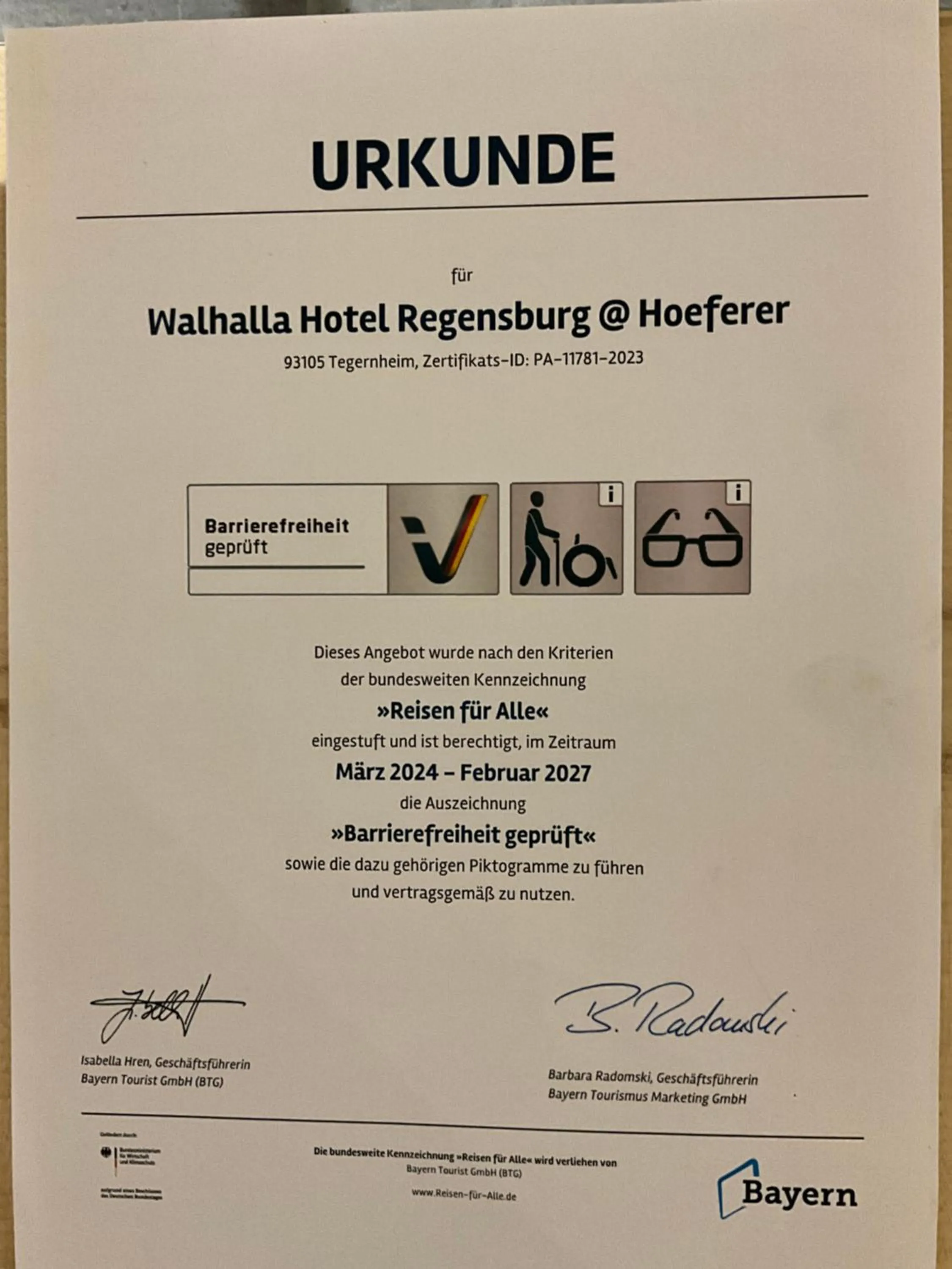 Facility for disabled guests in Walhalla Hotel Regensburg Hoeferer 4 Sterne Superior