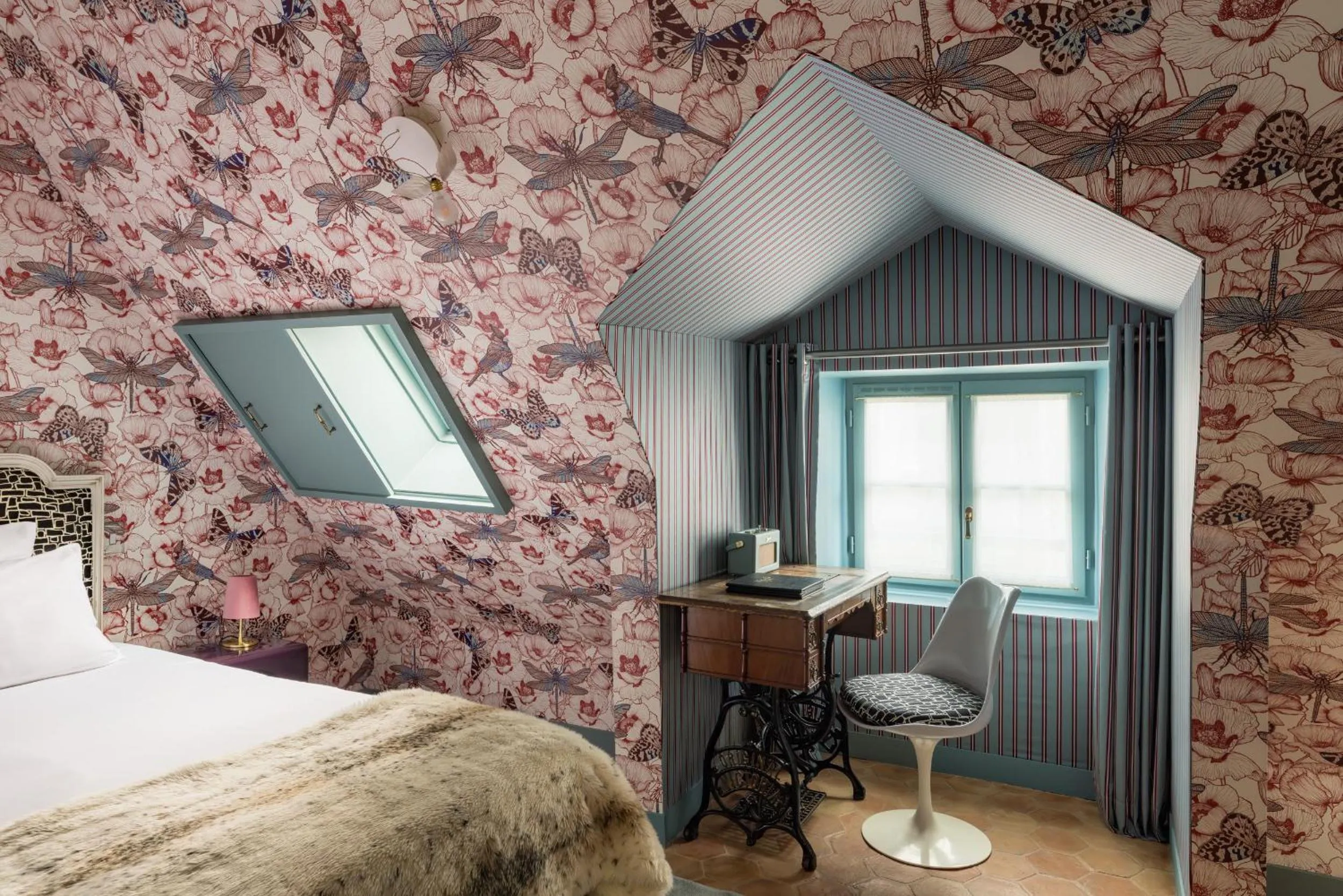 Bedroom, Bed in Hôtel du Petit Moulin, Haute Couture hotel by Lacroix