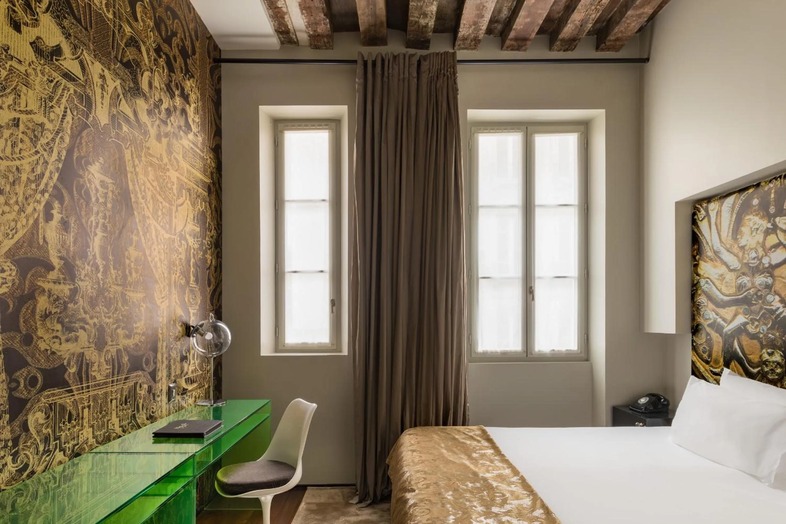 Bedroom, Bed in Hôtel du Petit Moulin, Haute Couture hotel by Lacroix