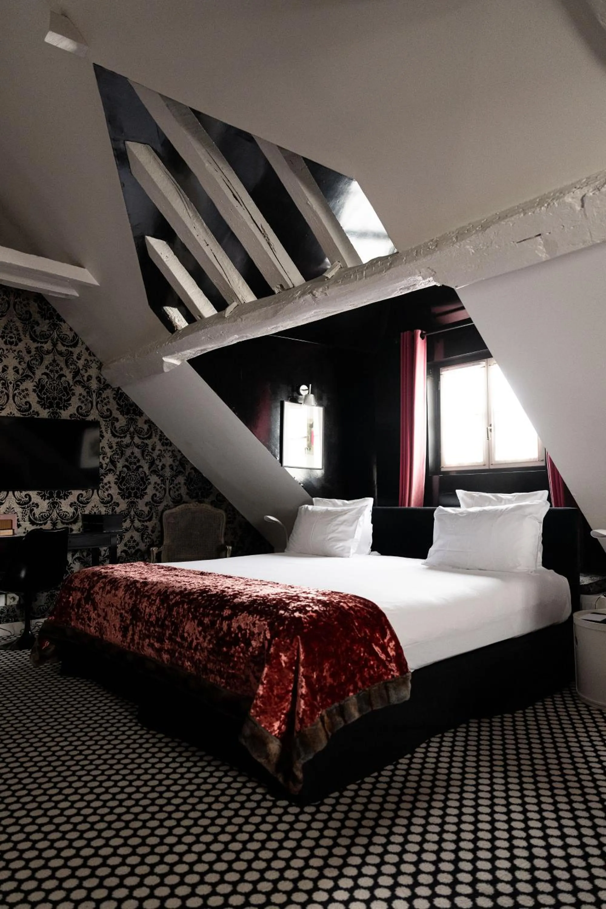 Bedroom, Bed in Hôtel du Petit Moulin, Haute Couture hotel by Lacroix