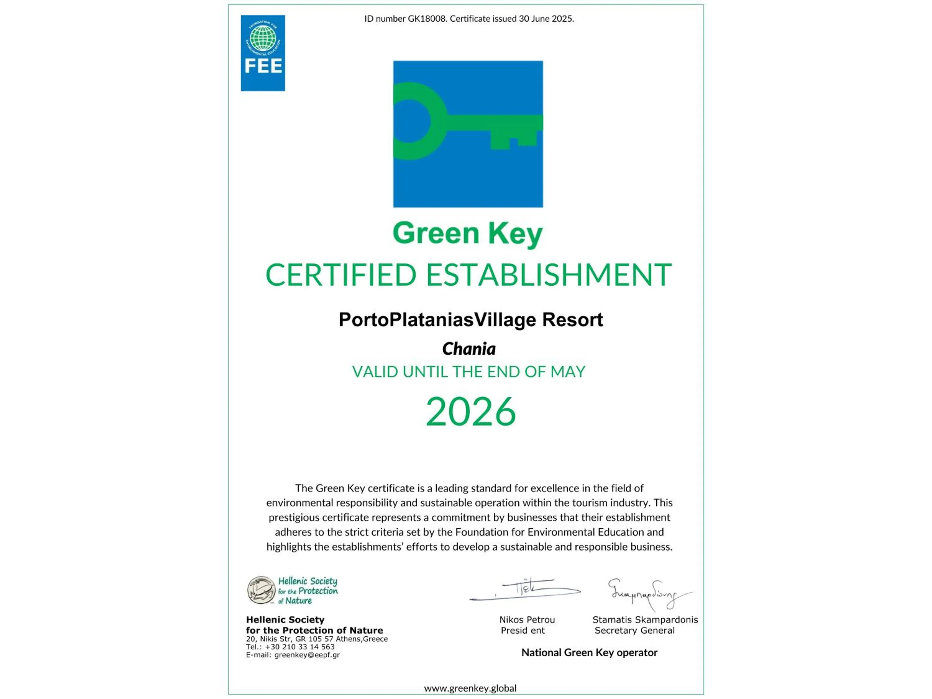 Certificate/Award in Porto Platanias Village Resort