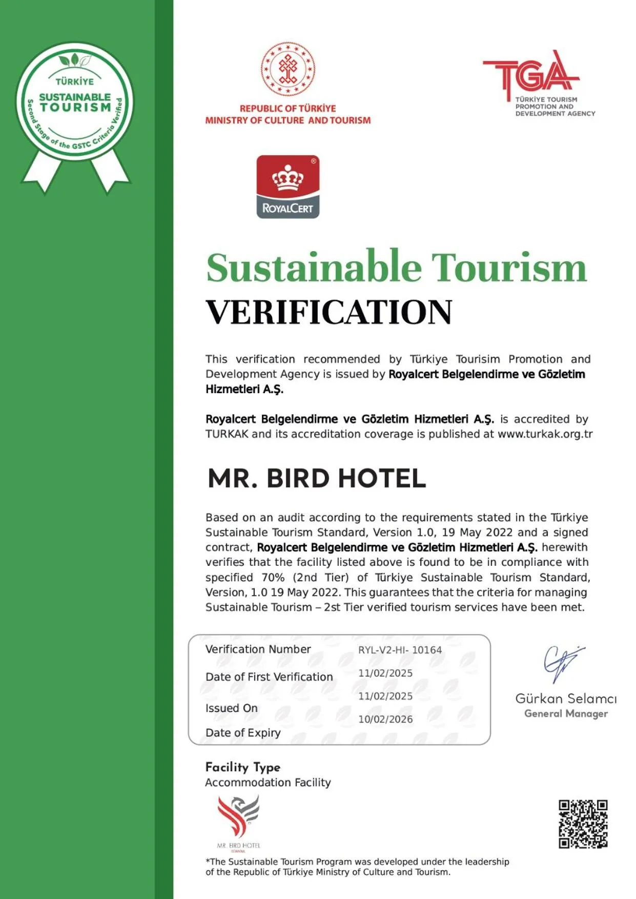 Certificate/Award in Mr. Bird Hotel