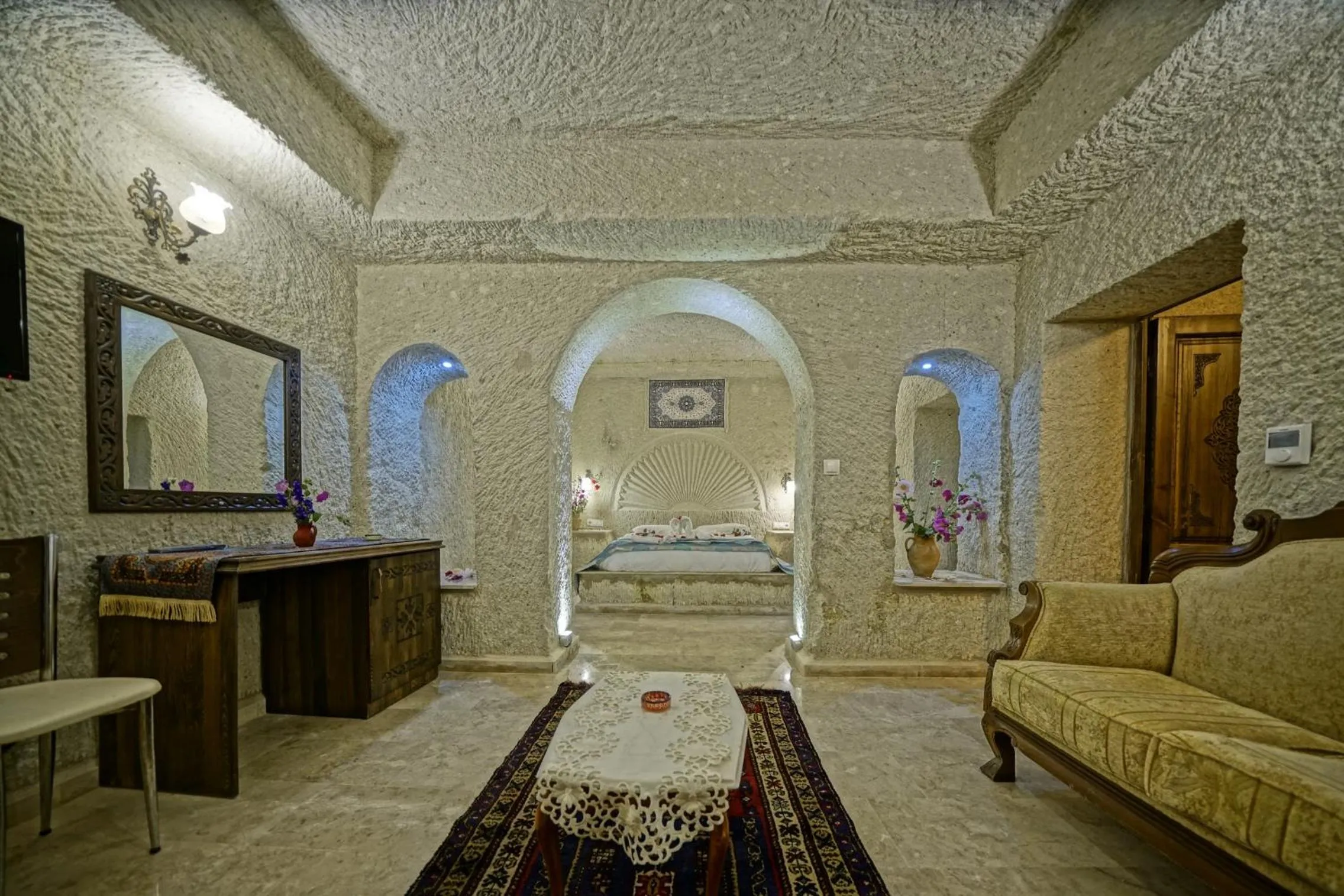 Seating area, Bed in Goreme Valley Cave House