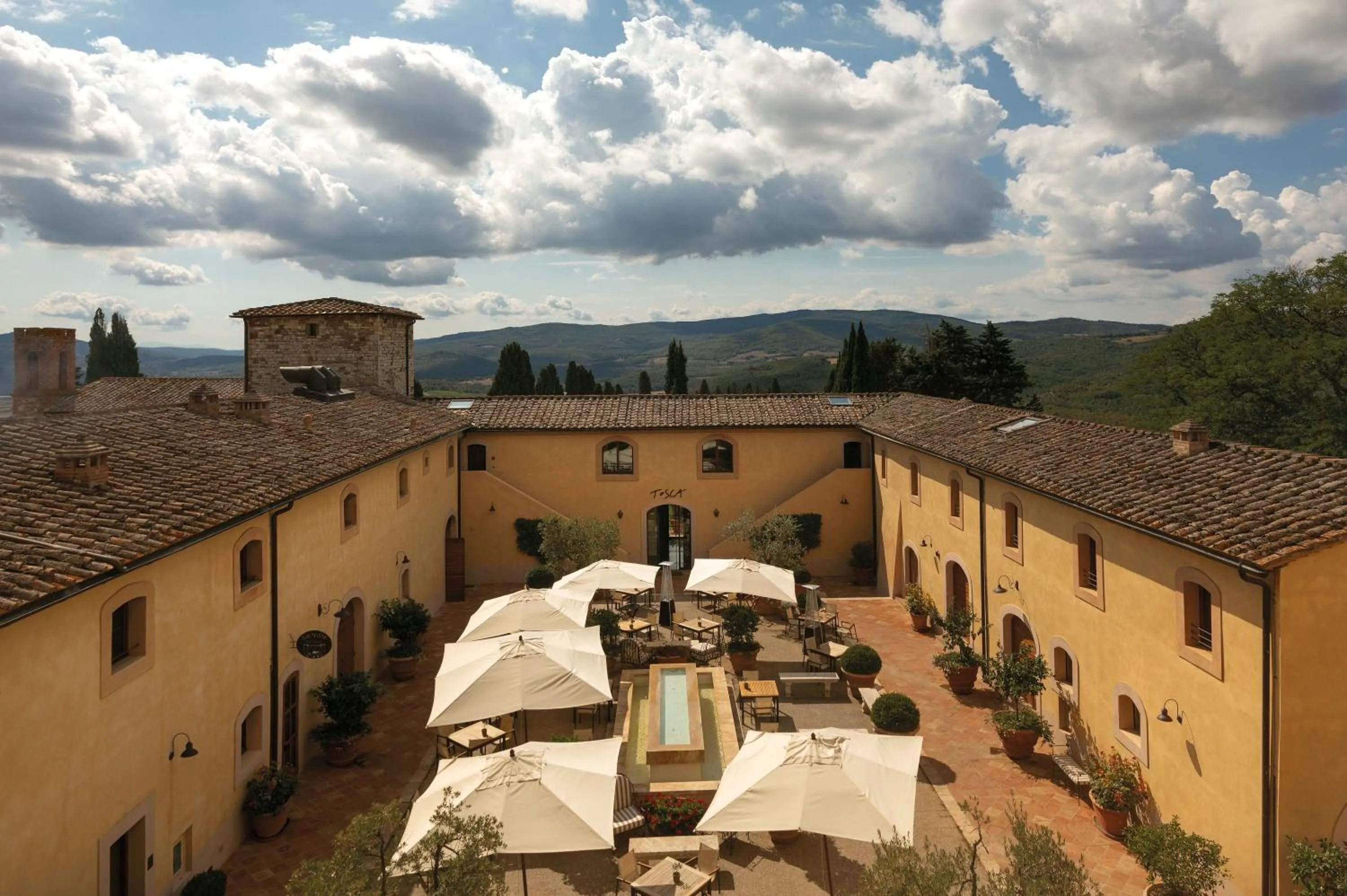Inner courtyard view in Castello di Casole, A Belmond Hotel, Tuscany