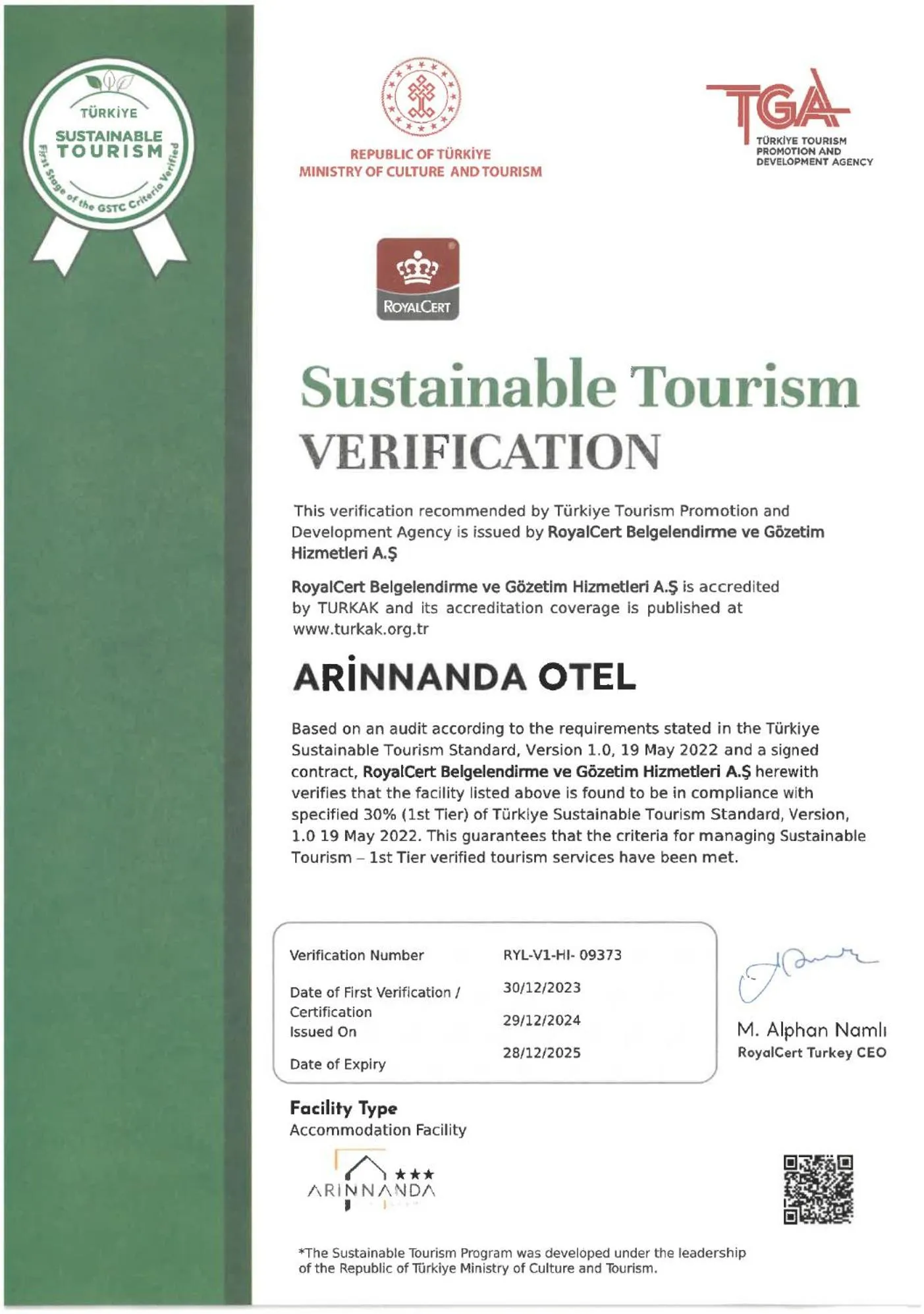 Certificate/Award in Arinnanda Hotel Cesme