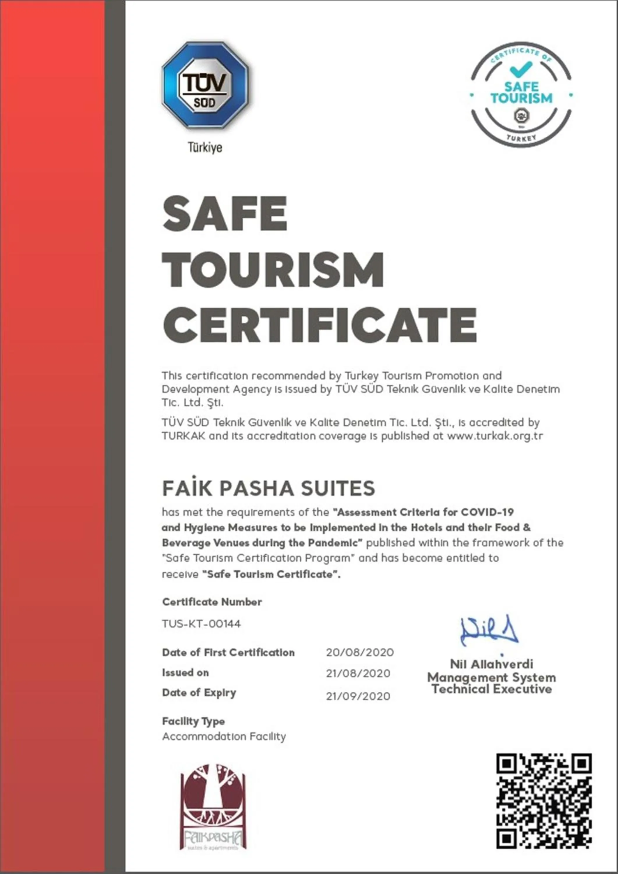 Certificate/Award in Faik Pasha Hotels Special Category Beyoglu Istanbul