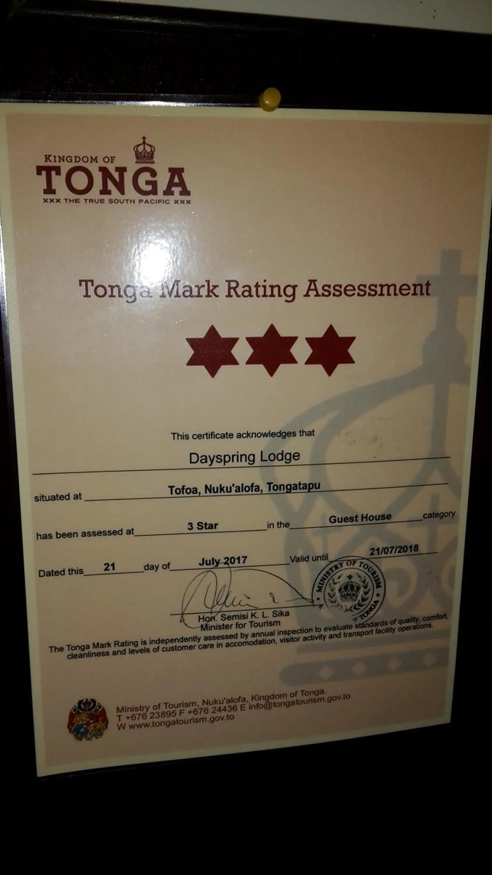 Certificate/Award in Dayspring Lodge