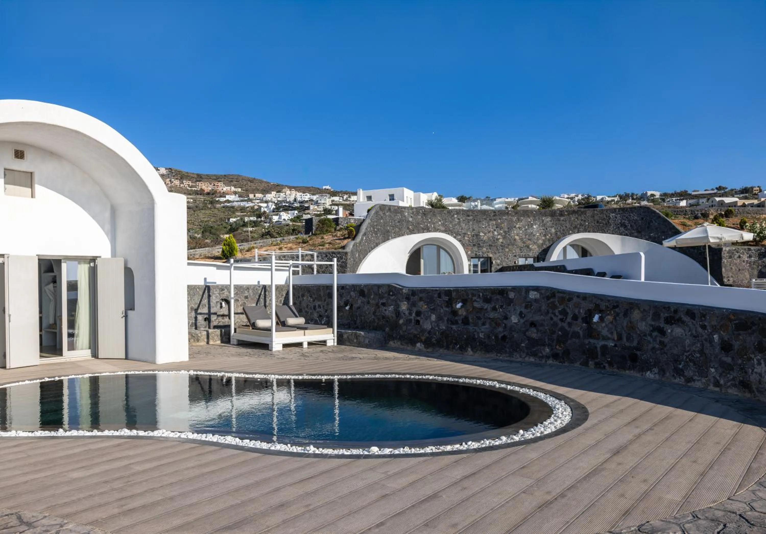 Pool view in Danae Suites Santorini