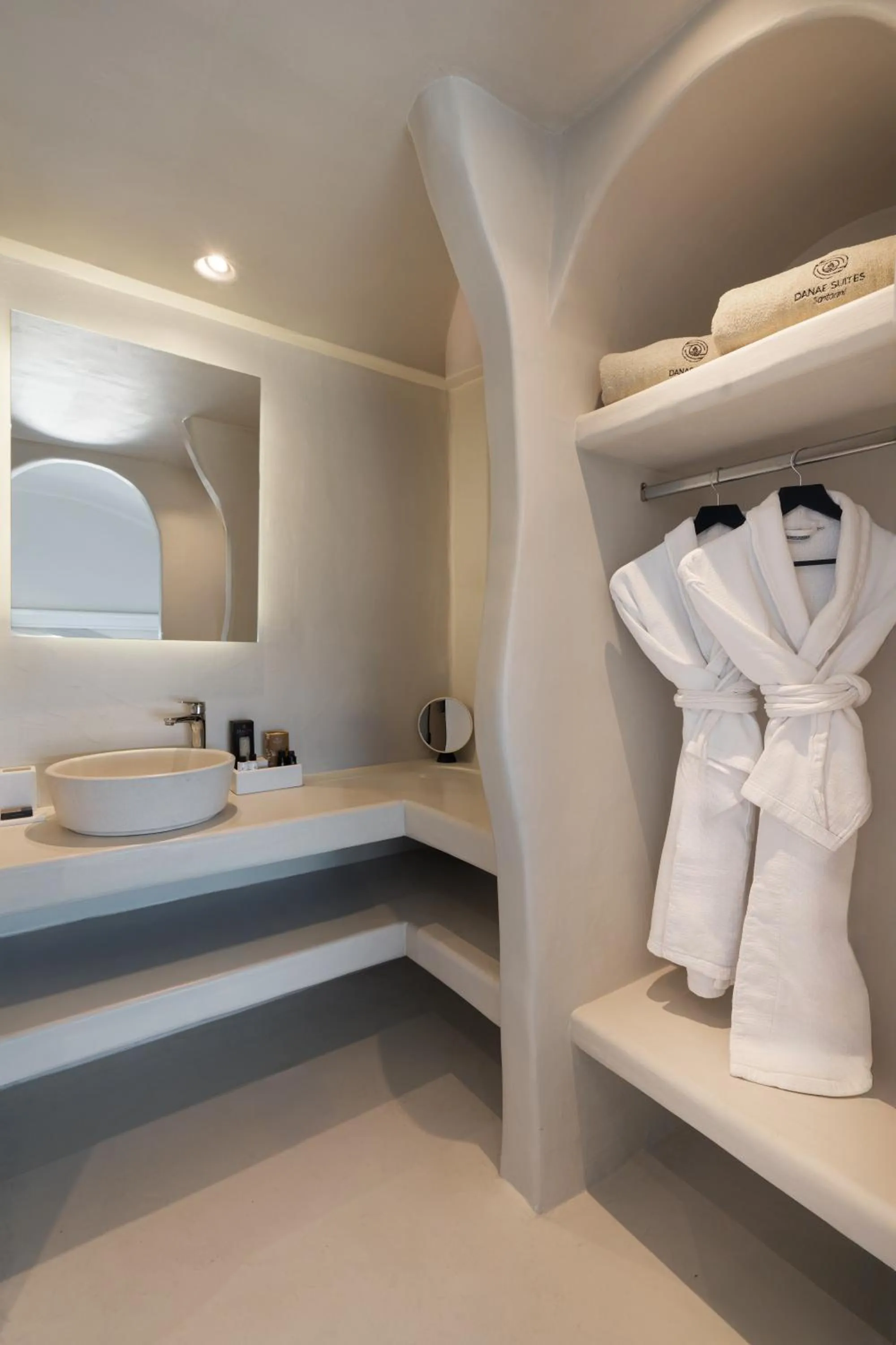 Bathroom, Bed in Danae Suites Santorini