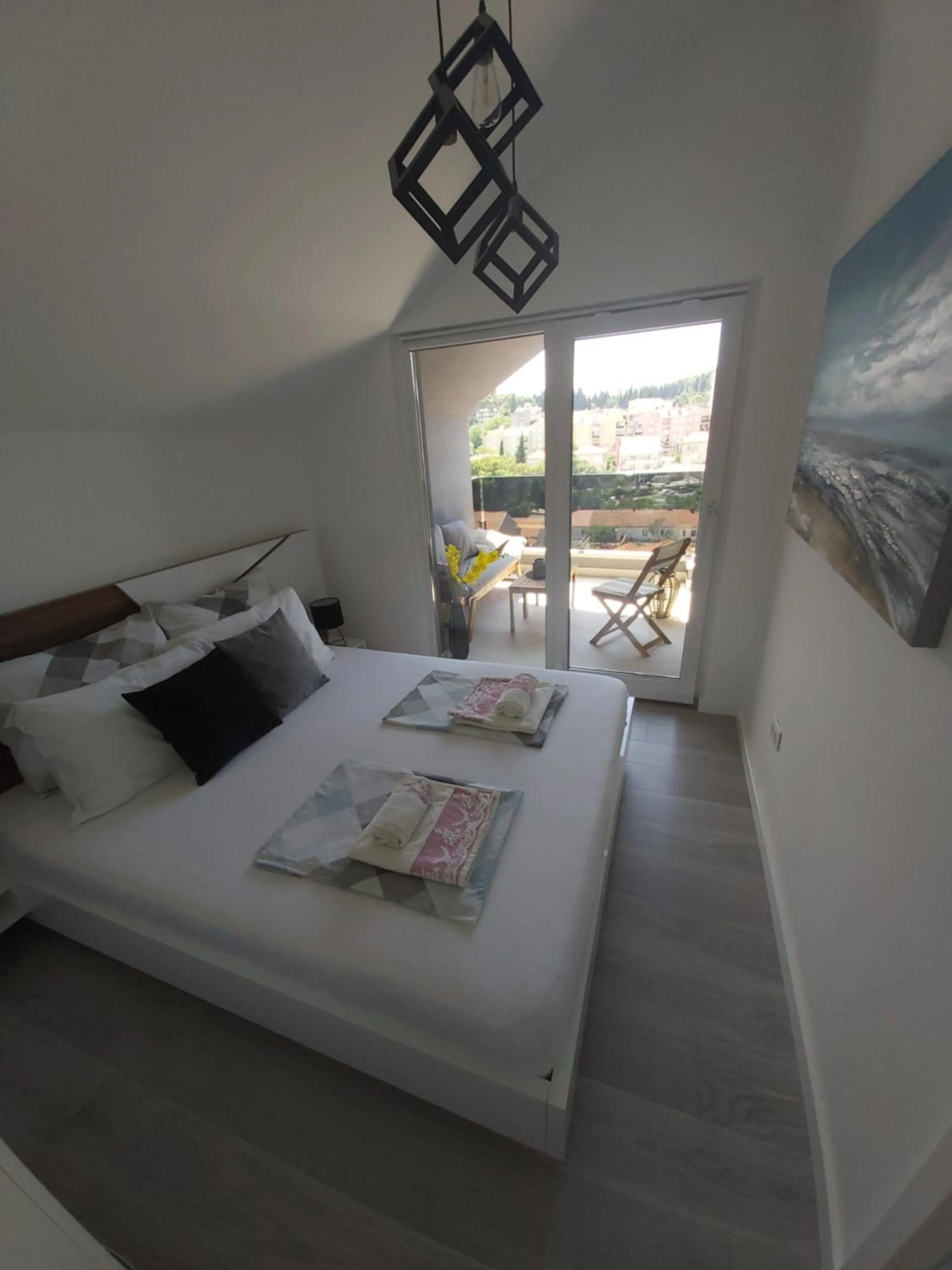 Bedroom, Bed in Apartments Mak & Lux - sea & sunset top view