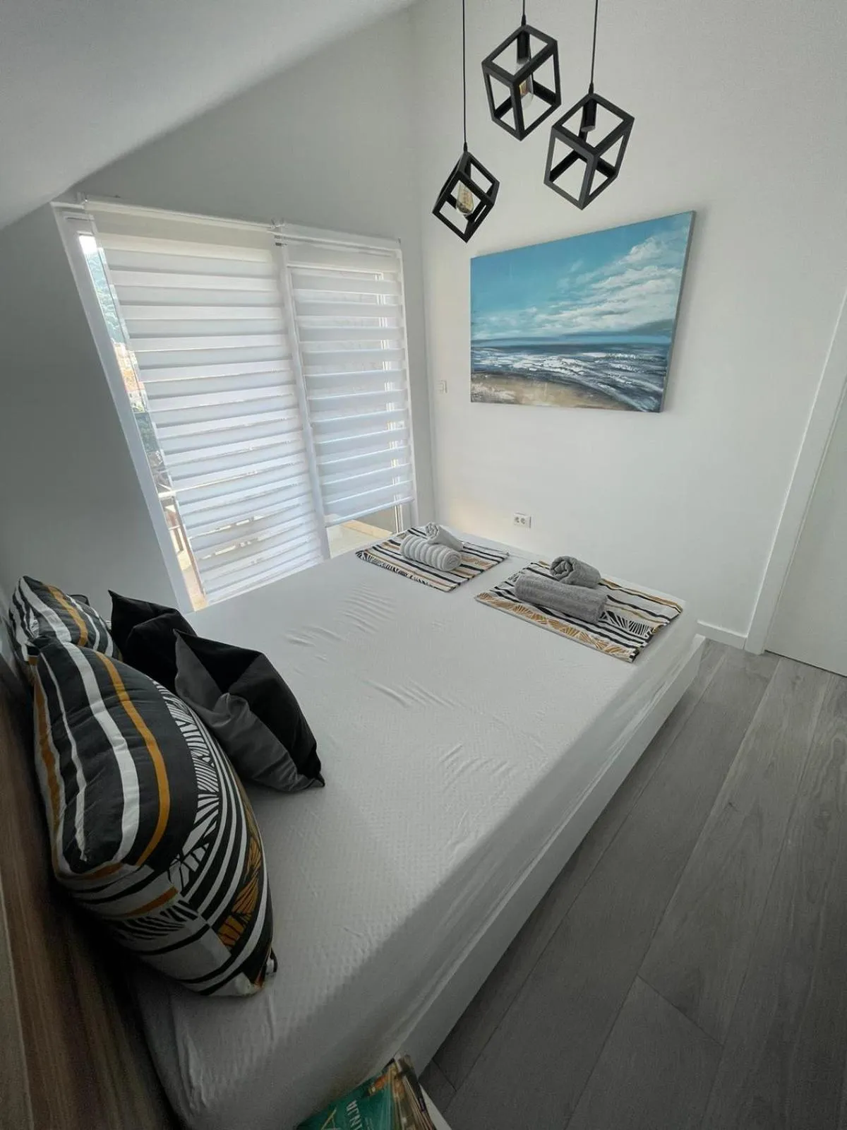 Bedroom, Bed in Apartments Mak & Lux - sea & sunset top view