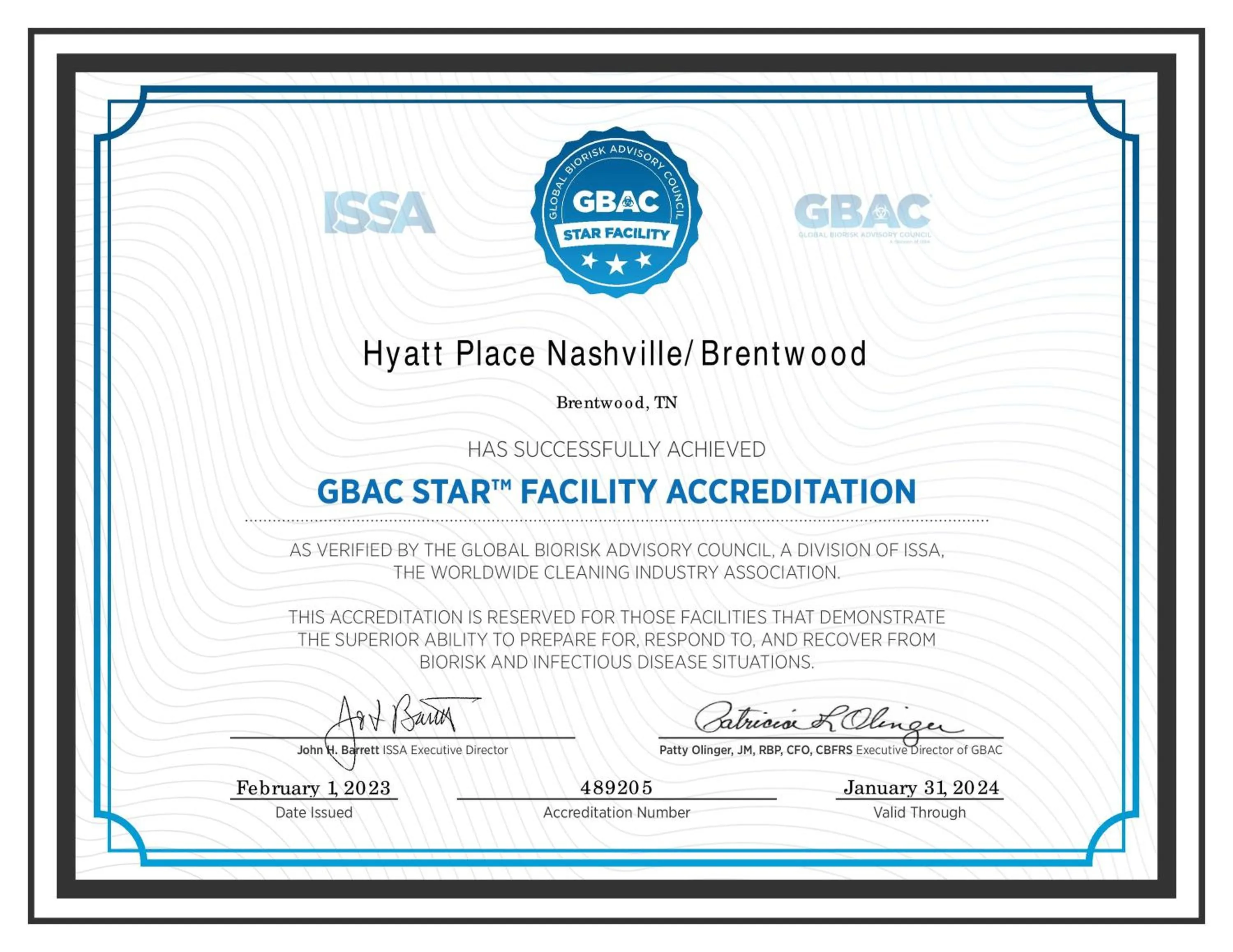 Certificate/Award in Hyatt Place Nashville Brentwood