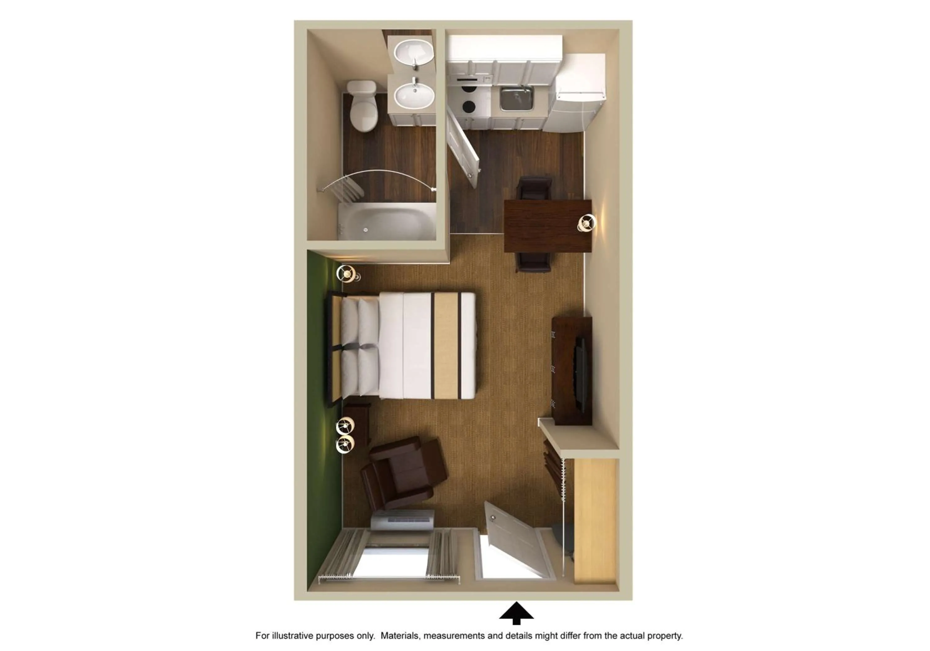 Bedroom, Floor Plan in Extended Stay America Select Suites - Durham - University - Ivy Creek Blvd
