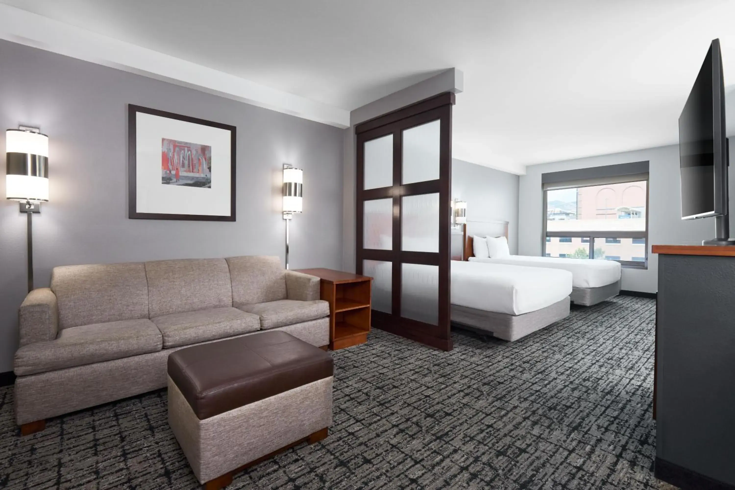 Queen Room with Two Queen Beds, Sofa Bed and Accessible Tub in Hyatt Place Salt Lake City Downtown / The Gateway Queen Room with Two Queen Beds, Sofa Bed and Accessible Tub in Hyatt Place Salt Lake City Downtown / The Gateway