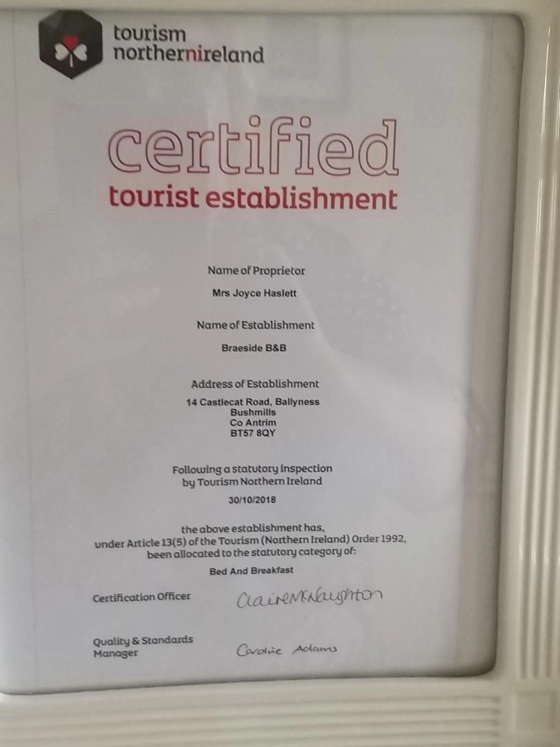 Certificate/Award in Braeside B&B