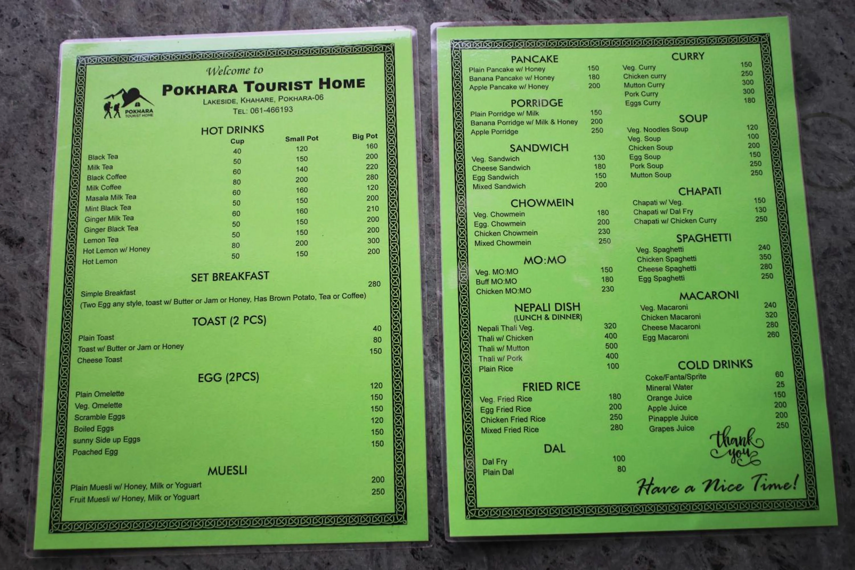 Food and drinks in Pokhara Tourist Home