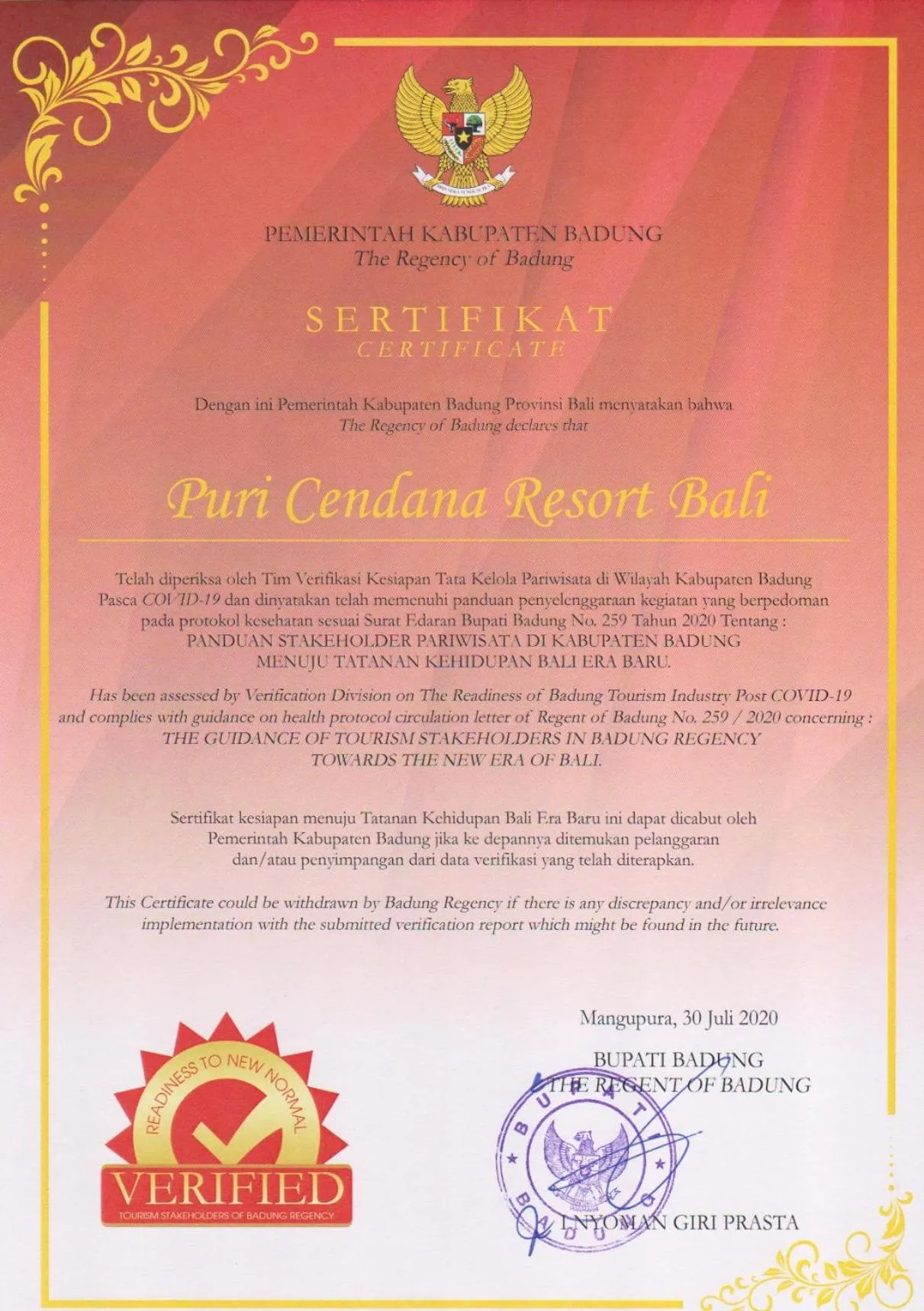 Certificate/Award in Puri Cendana Resort Bali