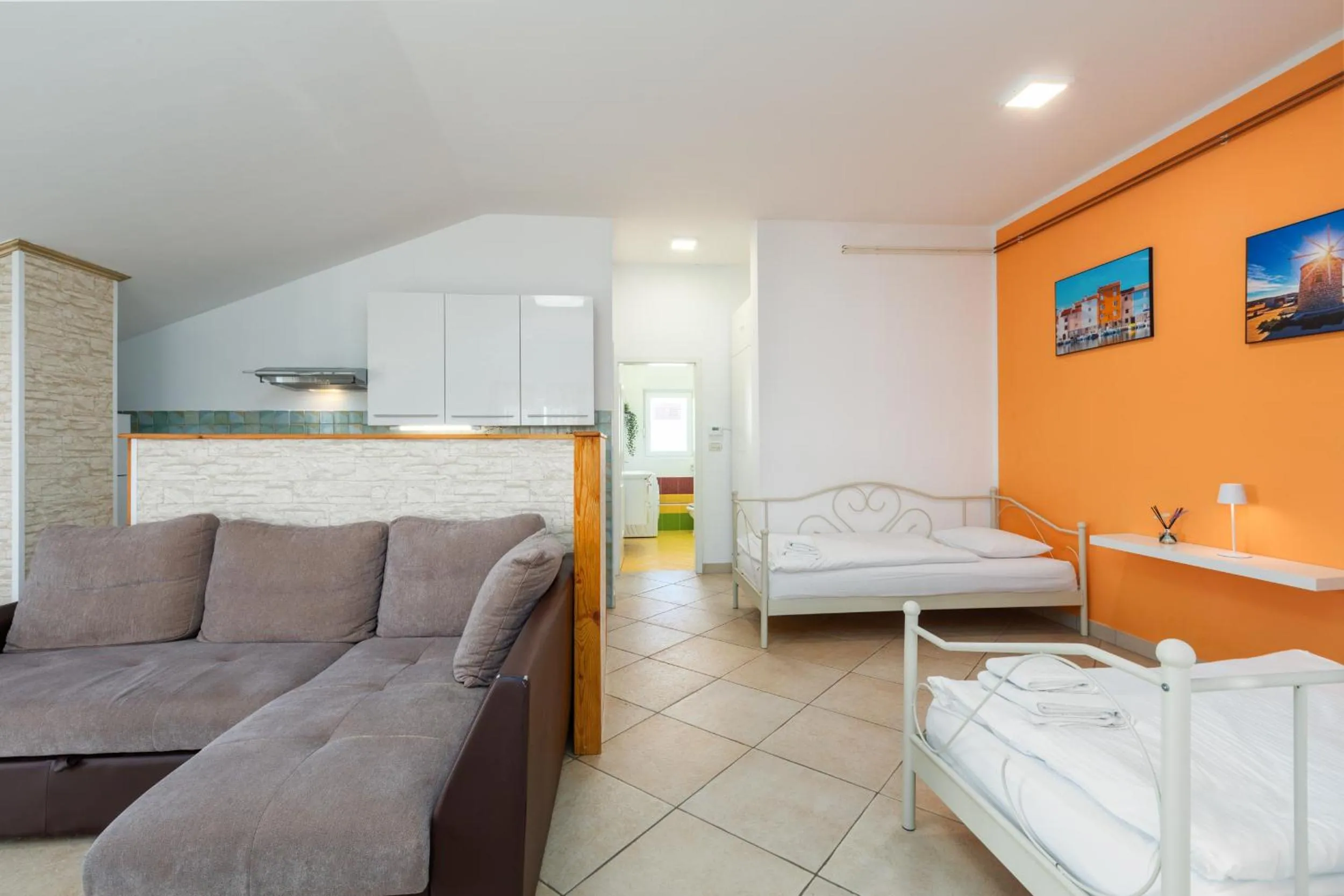 Living room, Bed in Trbović Apartments Peaceful stay with Free Parking, Pet-Friendly, and Bike Storage in Umag