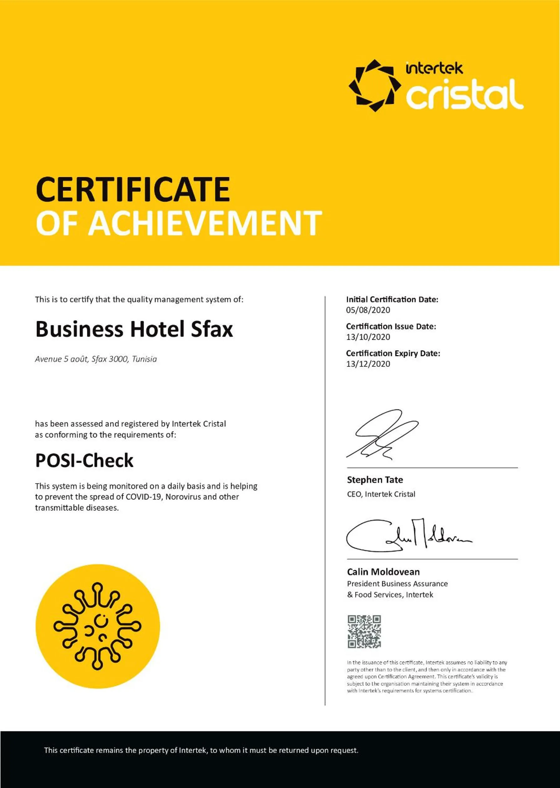Certificate/Award in BUSINESS HOTEL SFAX