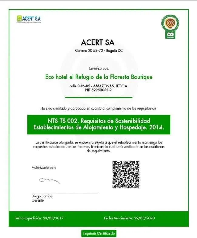 Certificate/Award in Eco Hotel El Refugio Boutique