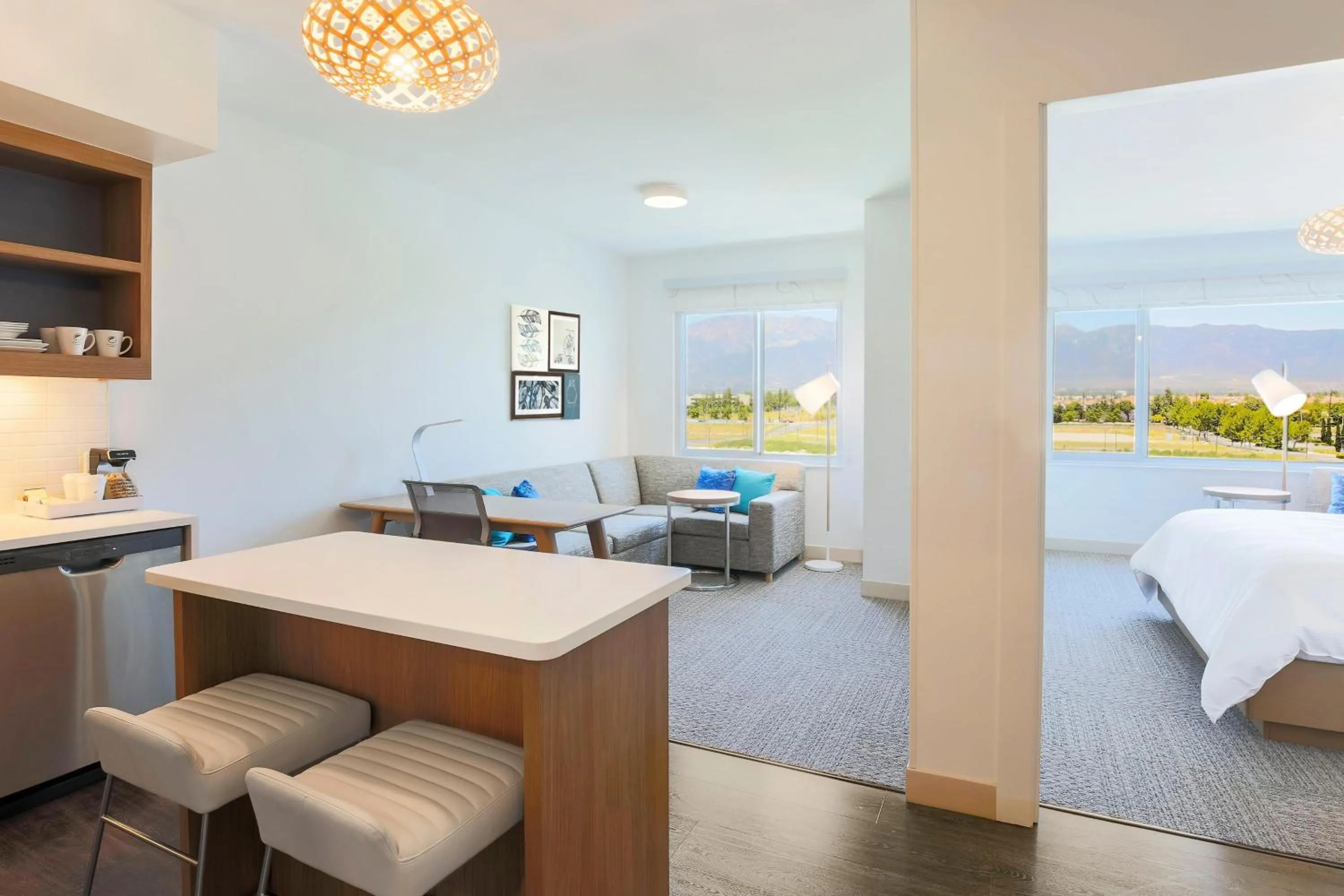 Living room, Bed in Element Ontario Rancho Cucamonga