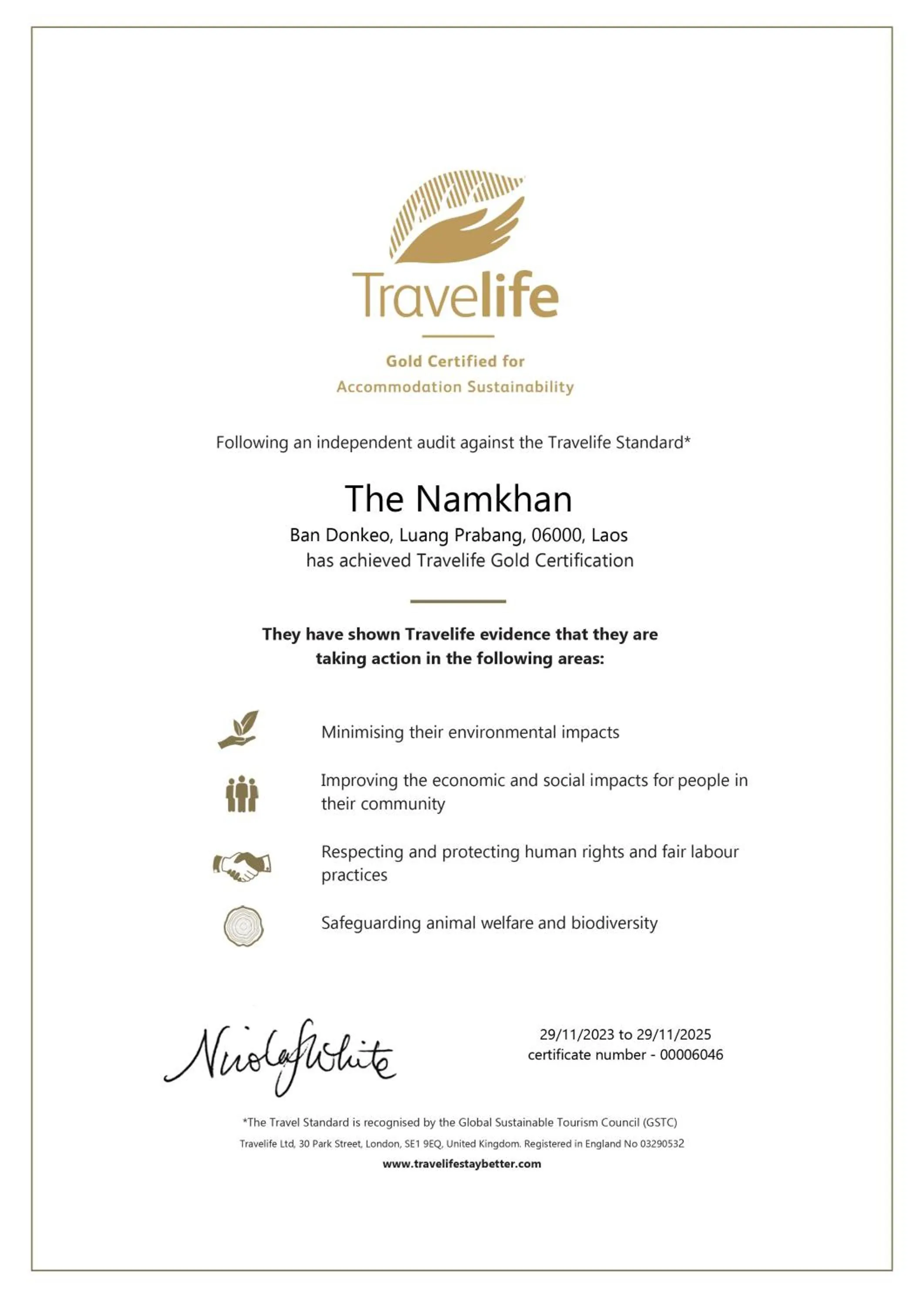 Certificate/Award in The Namkhan, a Small Luxury Hotel of the World